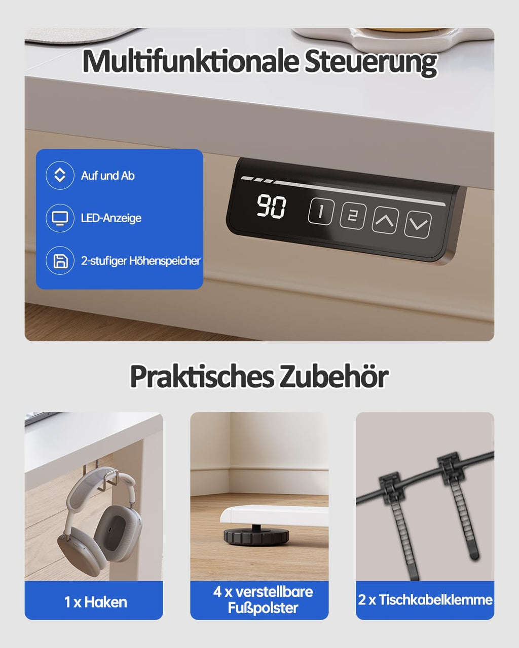 Devoko Höhenverstellbarer Schreibtisch, Elektrischer Schreibtisch Höhenverstellbar Tisch, Steh-Sitz Bürotisch, Computertisch mit Memory-Funktion, Stehpult, Standing Desk, Bürotisch,120 x 60 cm,Weiß