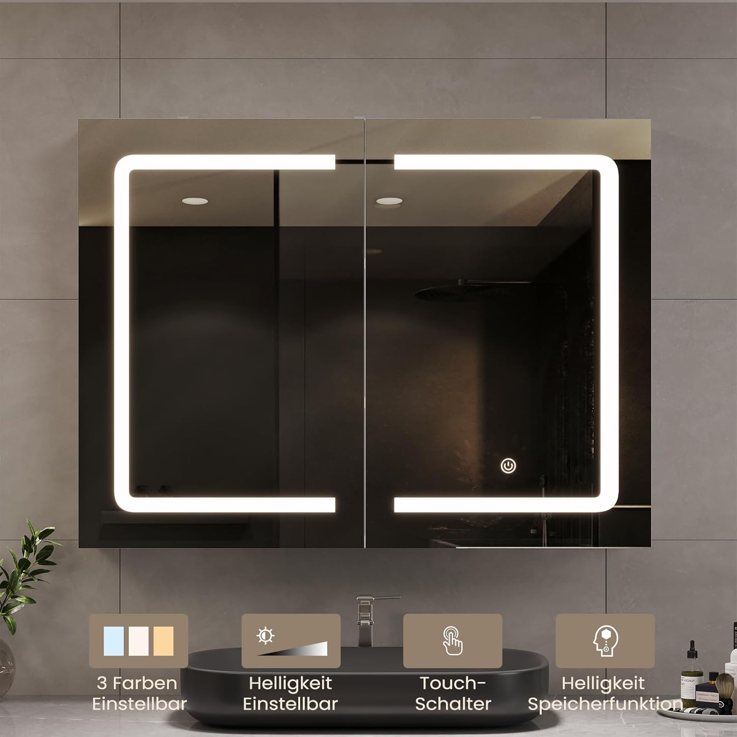 DICTAC Badezimmer spiegelschrank mit Beleuchtung 80x60x16cm Spiegelschrank Bad mit LED und Steckdose 80 cm Breit Doppeltür Badschrank mit Spiegel und Ablage,Hängeschrank,Berührung Sensorschalter,Weiß