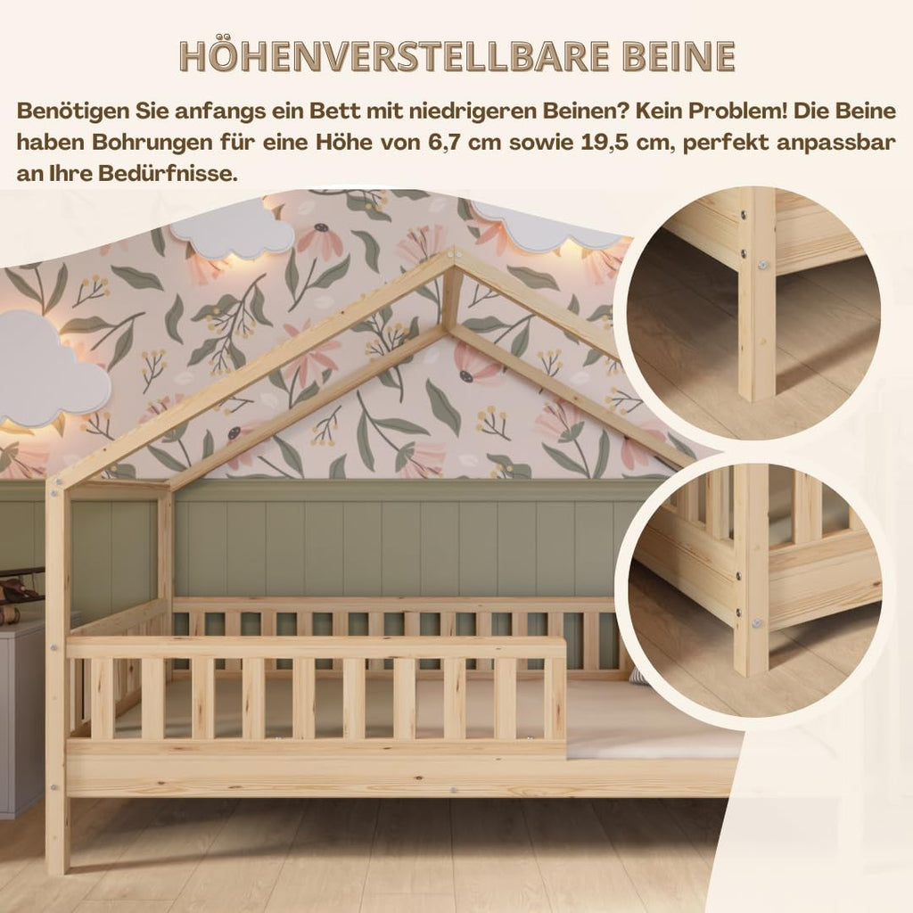 Hausbett mit Schubladen 140x200 cm – Kinderbett aus Naturholz mit Rausfallschutz – Montessori Bodenbett mit zusätzlichen Stauraum und und Abnehmbarer Barriere - Crazy House