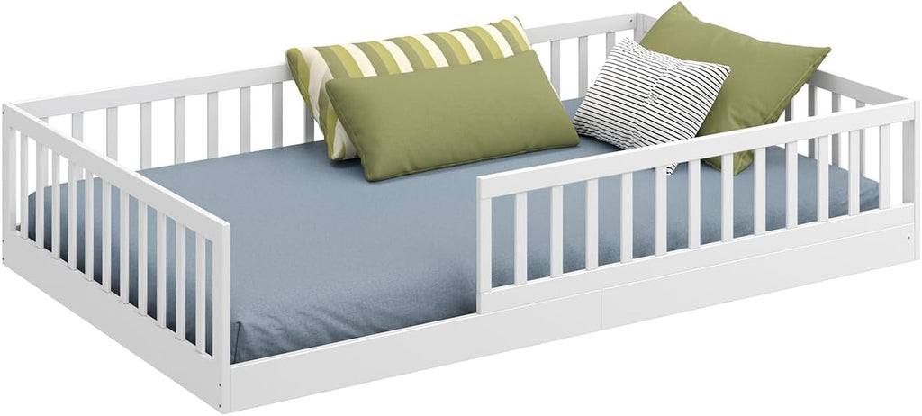 CADANI Timi Kinderbett 120x200 cm Bodenbett, Rausfallschutz abnehmbar, bis 200 kg belastbar, Roll-Lattenrost, Montessori Kiefer Massivholz Bett, 3 Aufbauvarianten, Umbaubar, Weiß