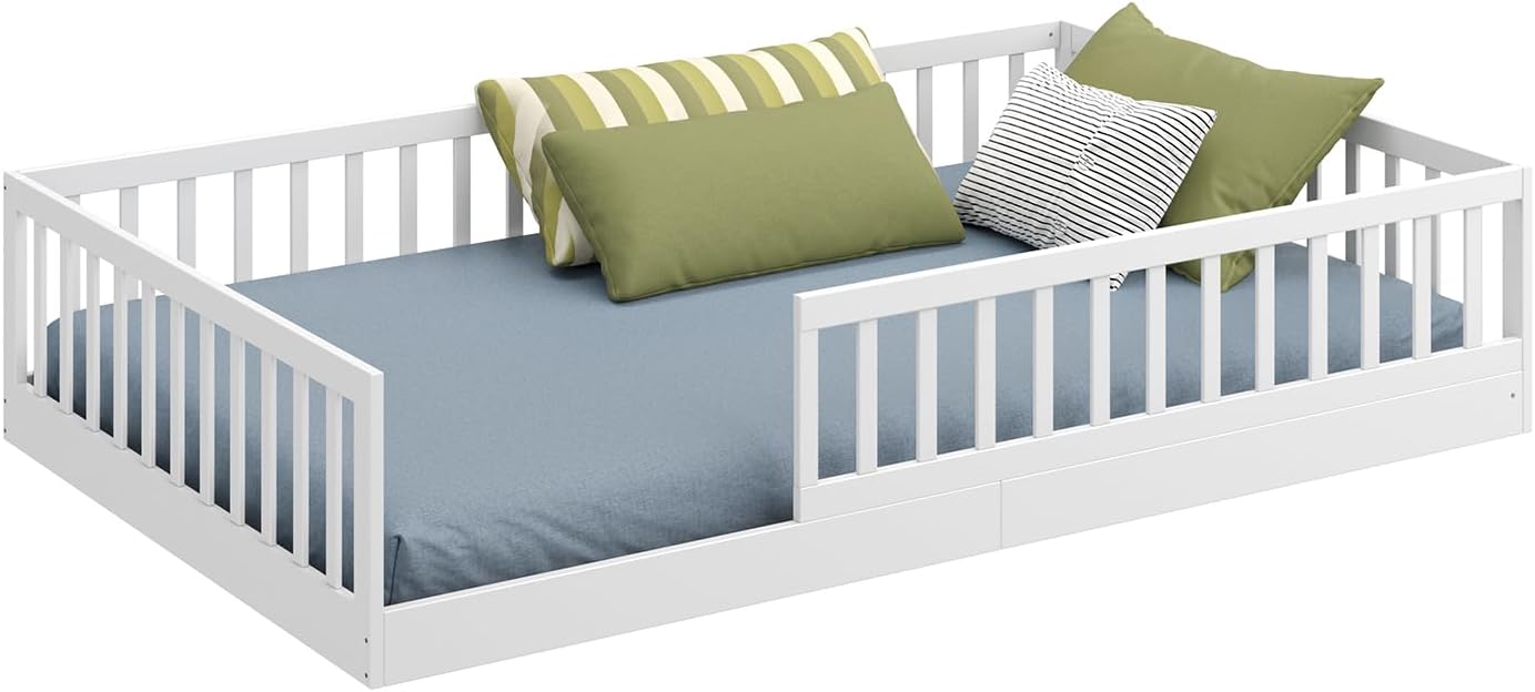 CADANI Timi Kinderbett 120x200 cm Bodenbett, Rausfallschutz abnehmbar, bis 200 kg belastbar, Roll-Lattenrost, Montessori Kiefer Massivholz Bett, 3 Aufbauvarianten, Umbaubar, Weiß