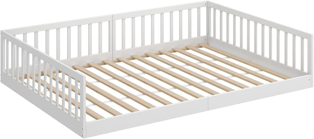 CADANI Timi Kinderbett 120x200 cm Bodenbett, Rausfallschutz abnehmbar, bis 200 kg belastbar, Roll-Lattenrost, Montessori Kiefer Massivholz Bett, 3 Aufbauvarianten, Umbaubar, Weiß