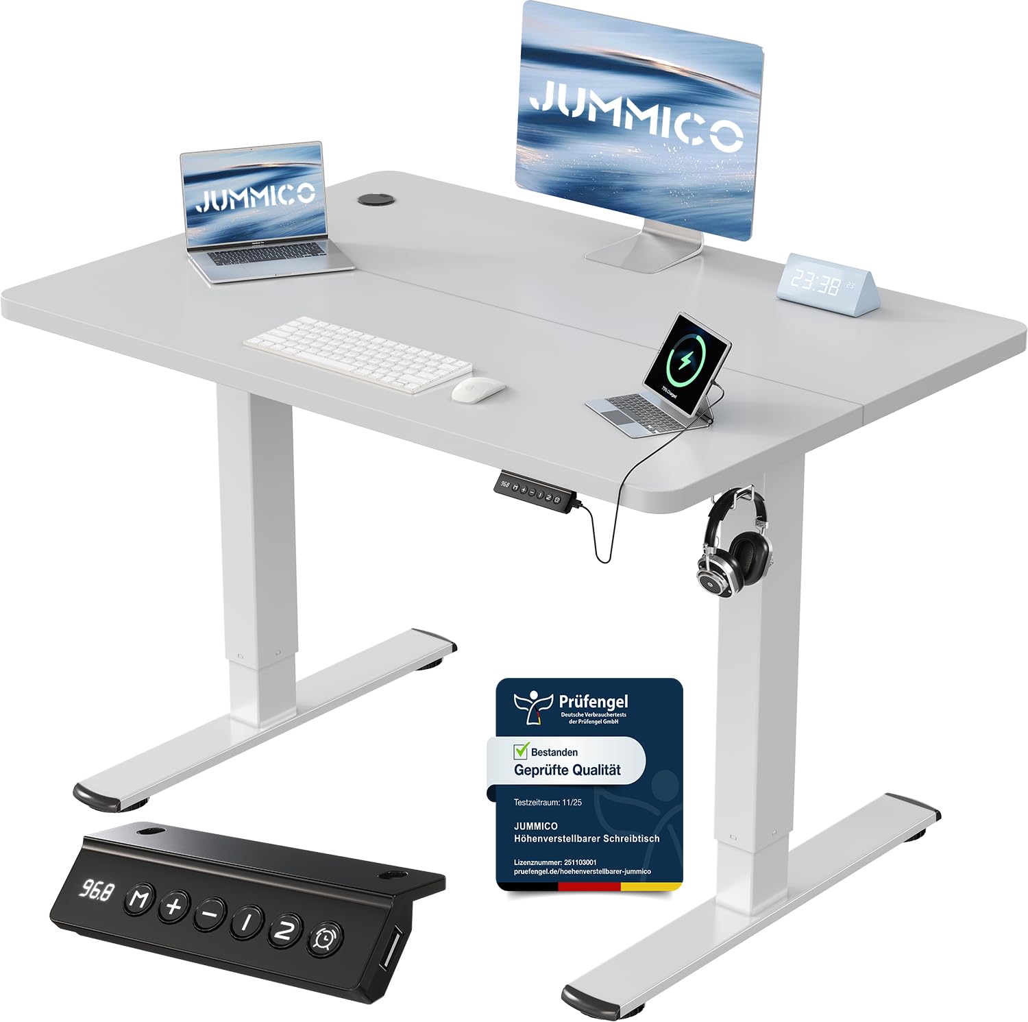 JUMMICO Höhenverstellbarer Schreibtisch mit USB-Ladeanschluss 120 x 60 cm, Schreibtisch Höhenverstellbar Elektrisch, Steh-Sitz Tisch Stehpult Verstellbarer Computertisch,Standing Desk,Weiß
