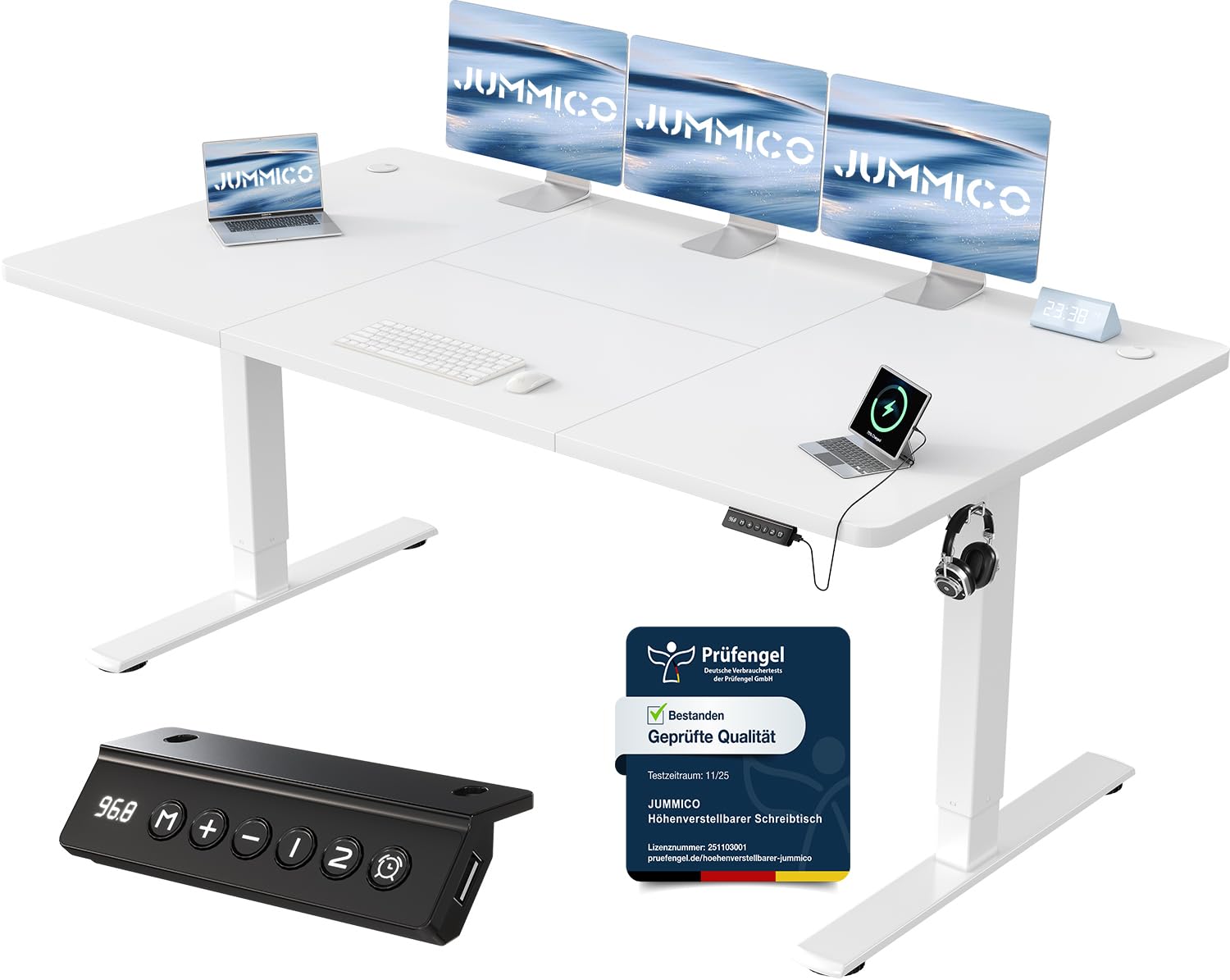 JUMMICO Höhenverstellbarer Schreibtisch mit USB-Ladeanschluss 120 x 60 cm, Schreibtisch Höhenverstellbar Elektrisch, Steh-Sitz Tisch Stehpult Verstellbarer Computertisch,Standing Desk,Weiß