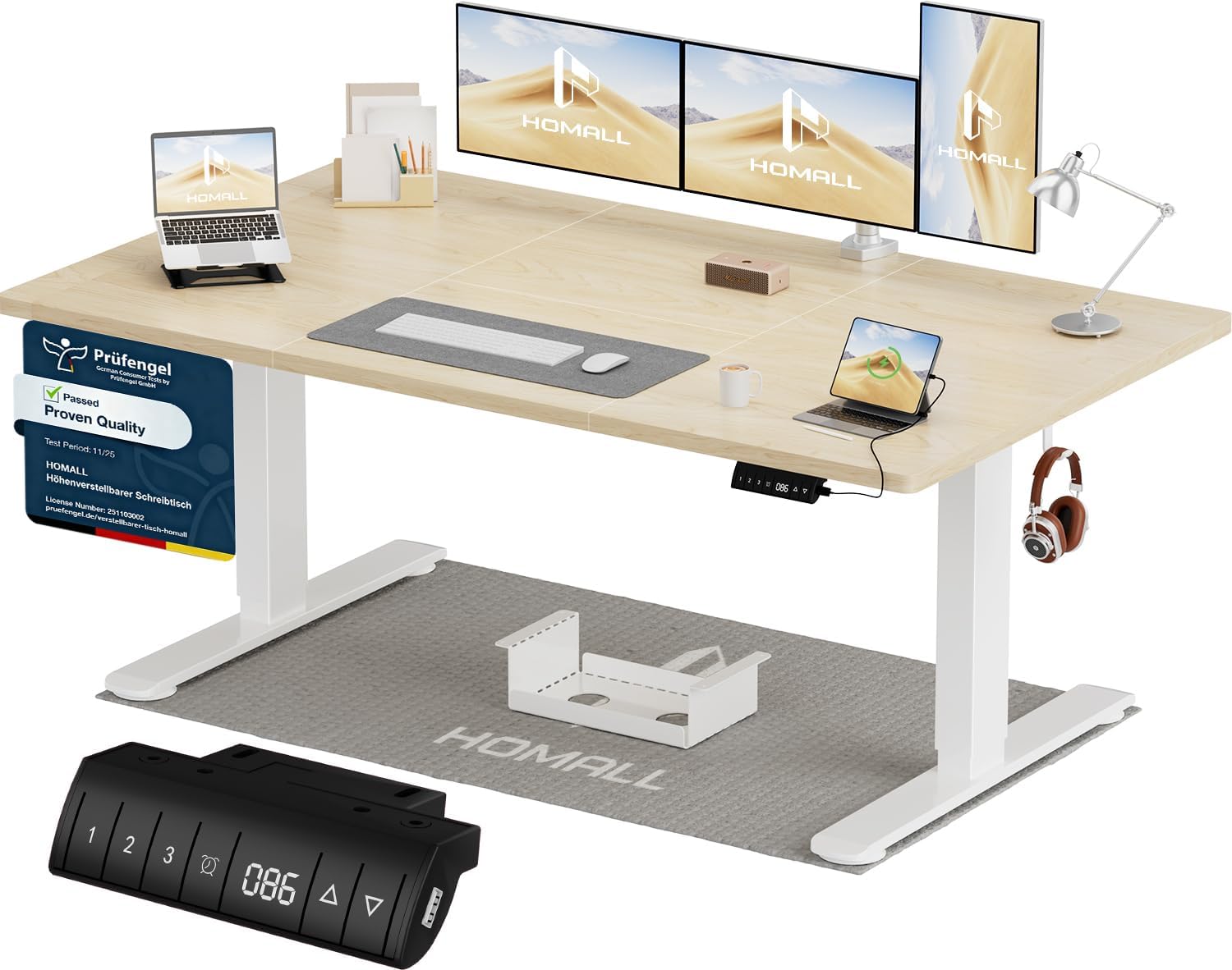 Homall Höhenverstellbarer Schreibtisch 140x70cm mit USB-A Ladeanschluss, Elektrischer Schreibtisch mit Kabel Management Tray, Standing Desk mit 3 Memory Funktion, Computertisch Beige