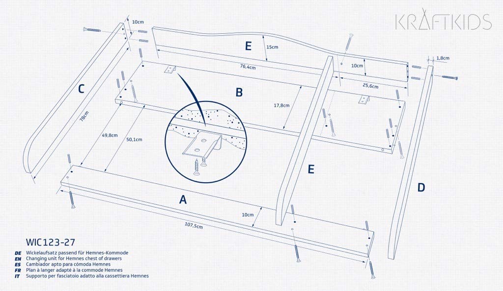 KraftKids Wickelaufsatz für HEMNES XXL 108 cm extra breit mit Trennfach