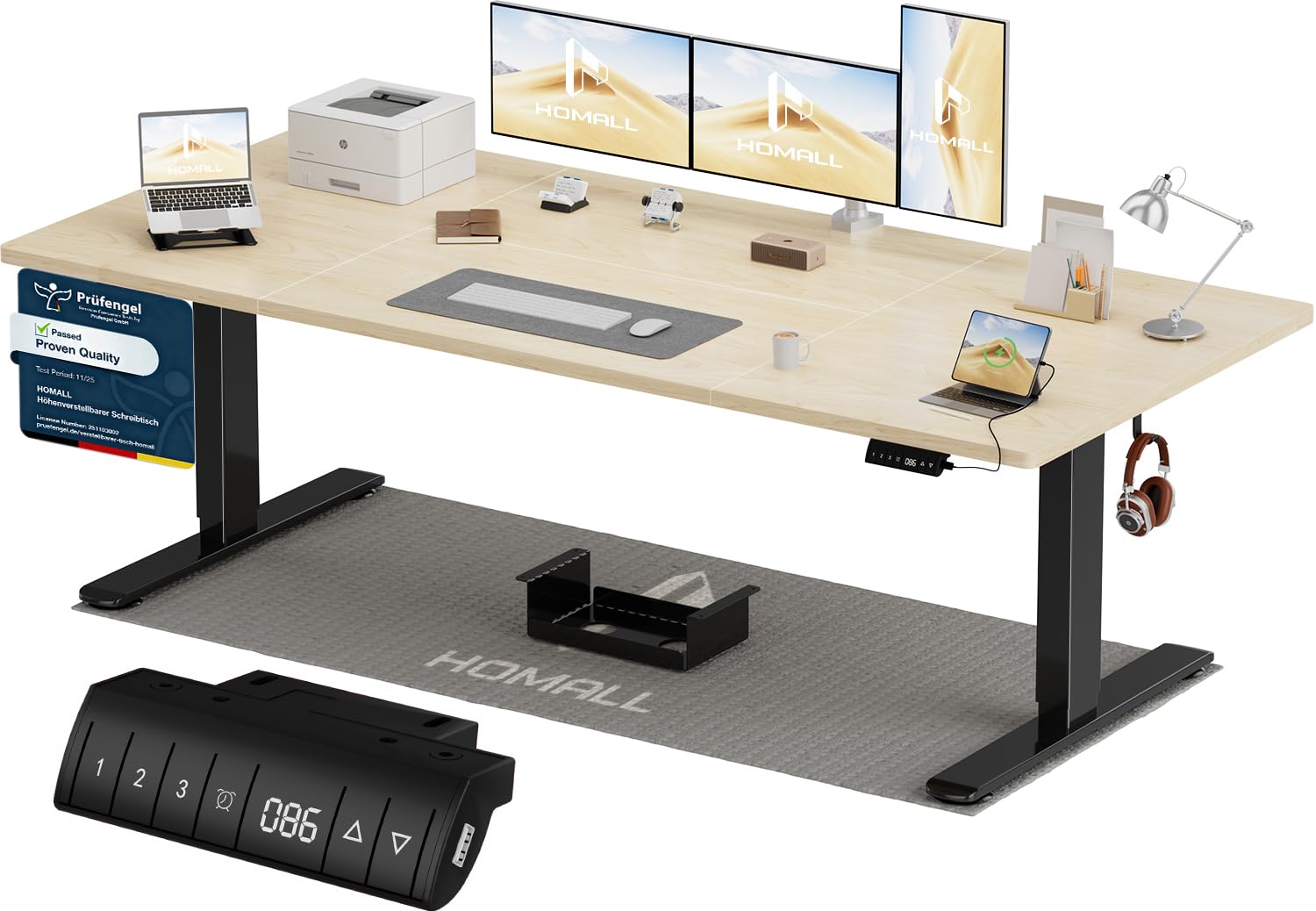 Homall Höhenverstellbarer Schreibtisch 140x70cm mit USB-A Ladeanschluss, Elektrischer Schreibtisch mit Kabel Management Tray, Standing Desk mit 3 Memory Funktion, Computertisch Beige