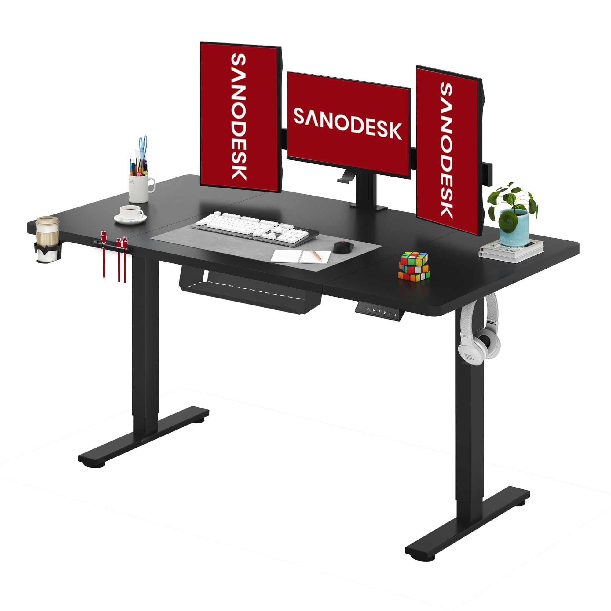 SANODESK Höhenverstellbarer Schreibtisch 110×54 cm – Kompakter Standing Desk mit praktischem Zubehör, ideal für kleine Räume, leise & sicher mit Anti-Kollisions-Schutz(Weiß)