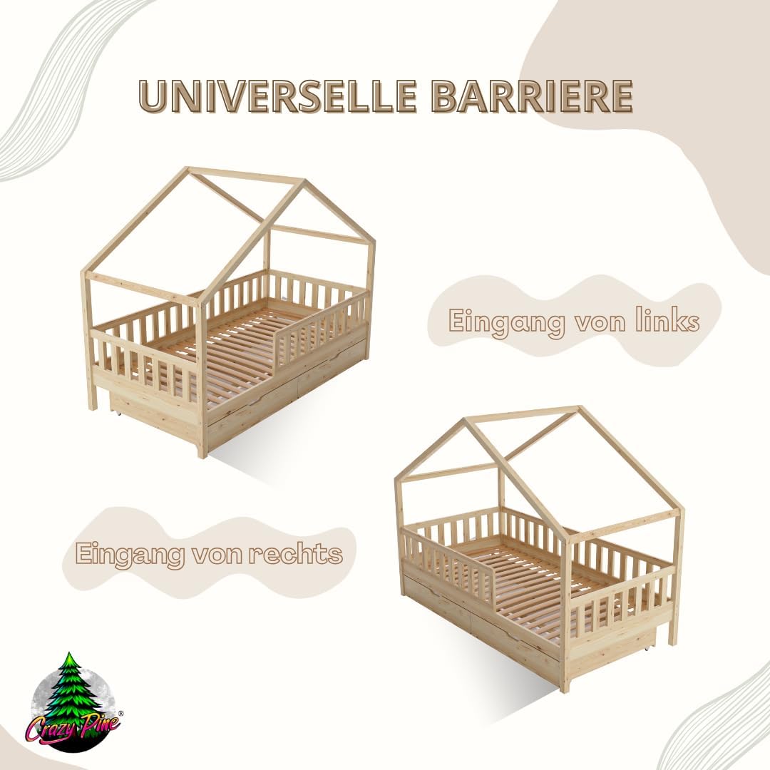 Hausbett mit Schubladen 140x200 cm – Kinderbett aus Naturholz mit Rausfallschutz – Montessori Bodenbett mit zusätzlichen Stauraum und und Abnehmbarer Barriere - Crazy House