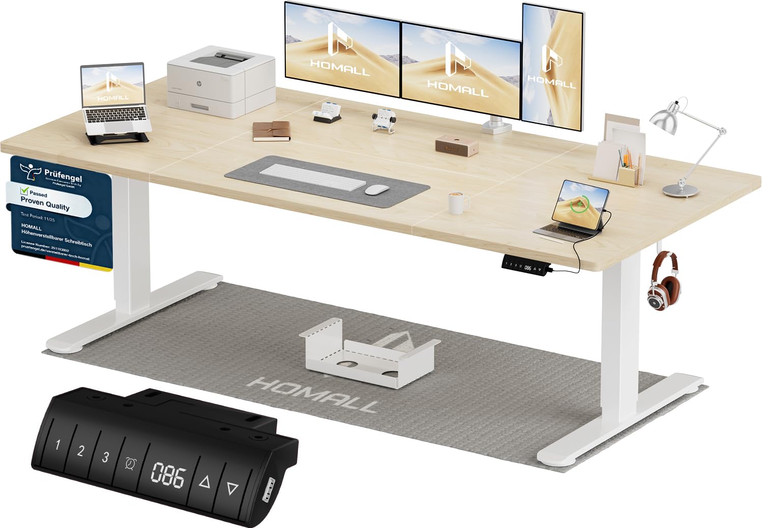 Homall Höhenverstellbarer Schreibtisch 140x70cm mit USB-A Ladeanschluss, Elektrischer Schreibtisch mit Kabel Management Tray, Standing Desk mit 3 Memory Funktion, Computertisch Beige