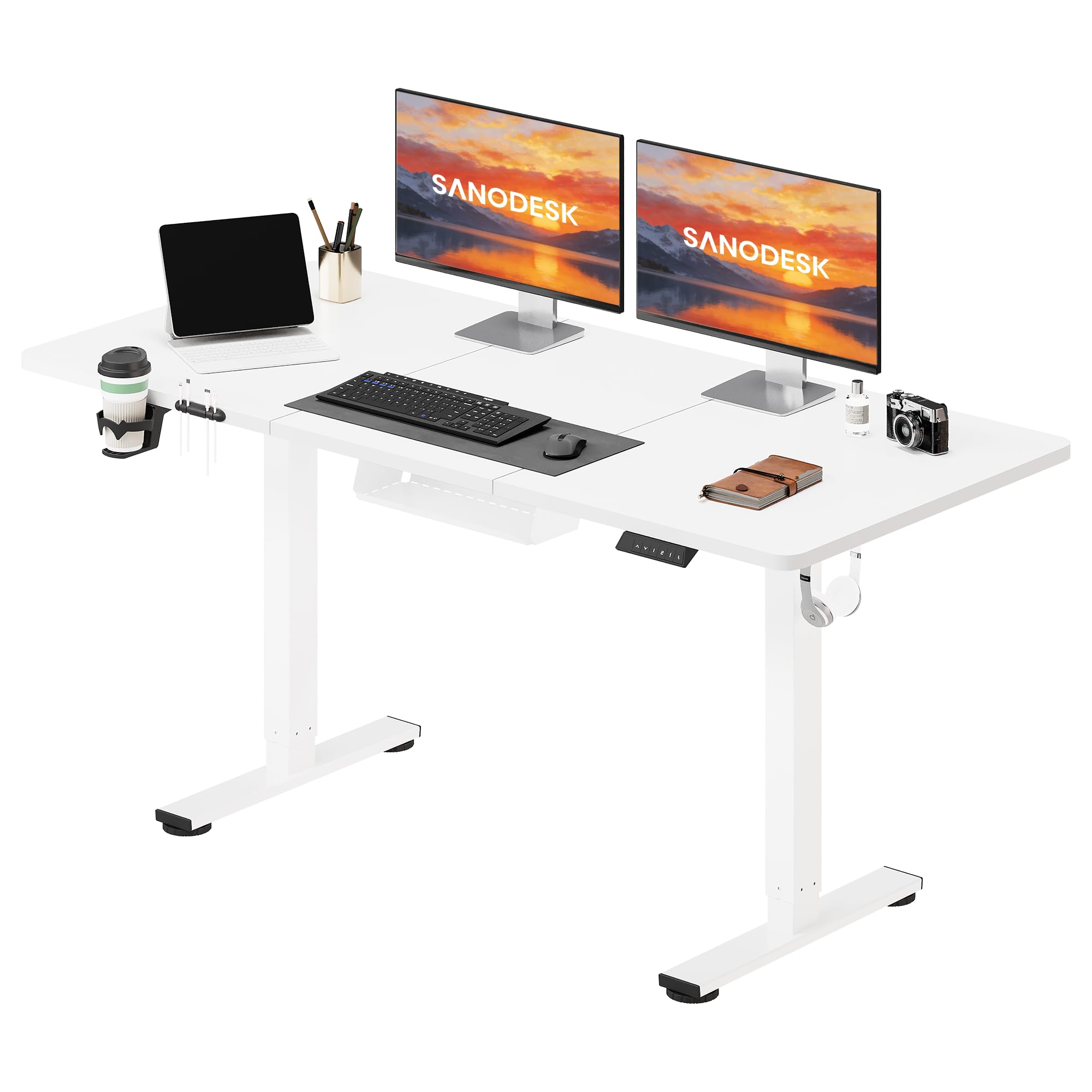 SANODESK Höhenverstellbarer Schreibtisch 110×54 cm – Kompakter Standing Desk mit praktischem Zubehör, ideal für kleine Räume, leise & sicher mit Anti-Kollisions-Schutz(Weiß)