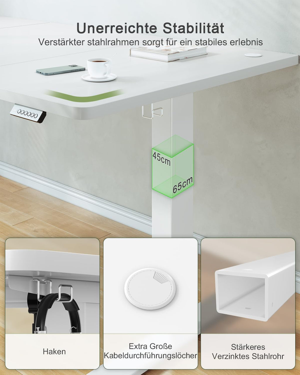JUMMICO Höhenverstellbarer Schreibtisch mit USB-Ladeanschluss 120 x 60 cm, Schreibtisch Höhenverstellbar Elektrisch, Steh-Sitz Tisch Stehpult Verstellbarer Computertisch,Standing Desk,Weiß