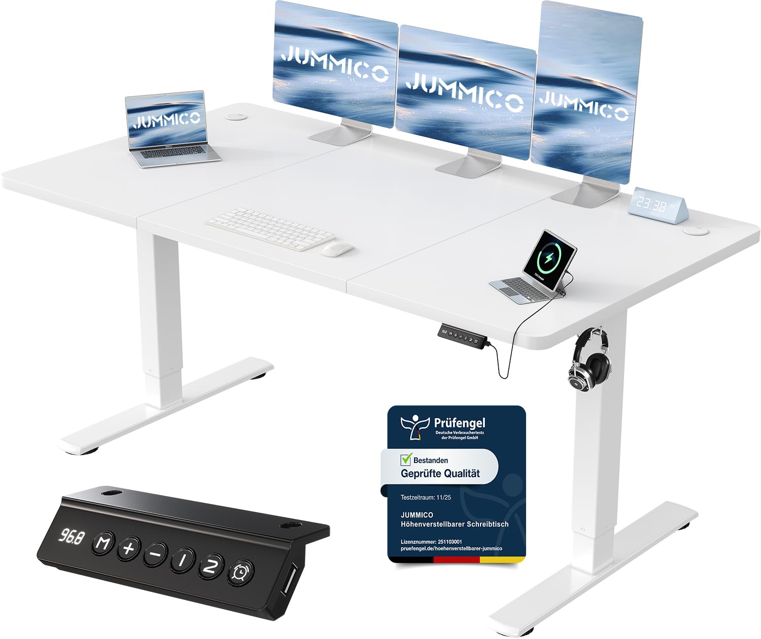 JUMMICO Höhenverstellbarer Schreibtisch mit USB-Ladeanschluss 120 x 60 cm, Schreibtisch Höhenverstellbar Elektrisch, Steh-Sitz Tisch Stehpult Verstellbarer Computertisch,Standing Desk,Weiß