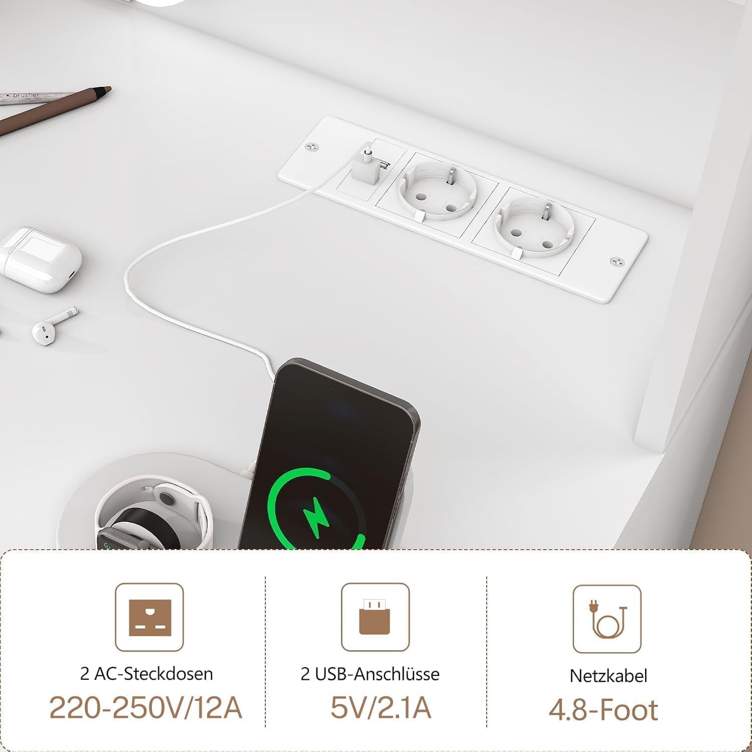 TEENFON Large Dressing Table with Adjustable LED Lighting and Sockets, Dressing Table with Mirror, 7 Drawers, 4 Open Shelves and 5 Jewellery Hooks for Bedroom, White