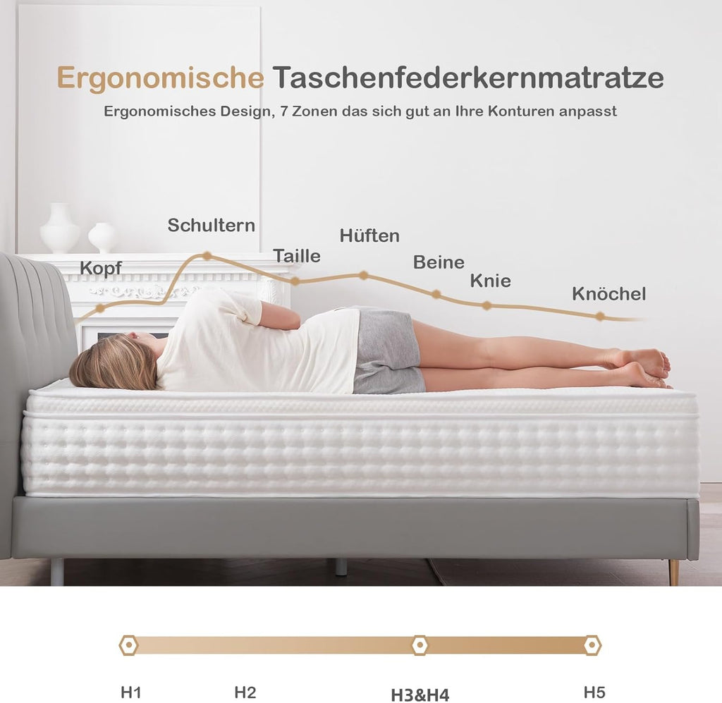 Matratze 140x200 cm 26cm Höhe 7-Zonen Federkernmatratze Orthopädische Taschenfederkernmatratze mit Comfort Memory-Schaum Schicht, Härtegrad H3, Rückenentlastende,100 Nächte Probeschlafen