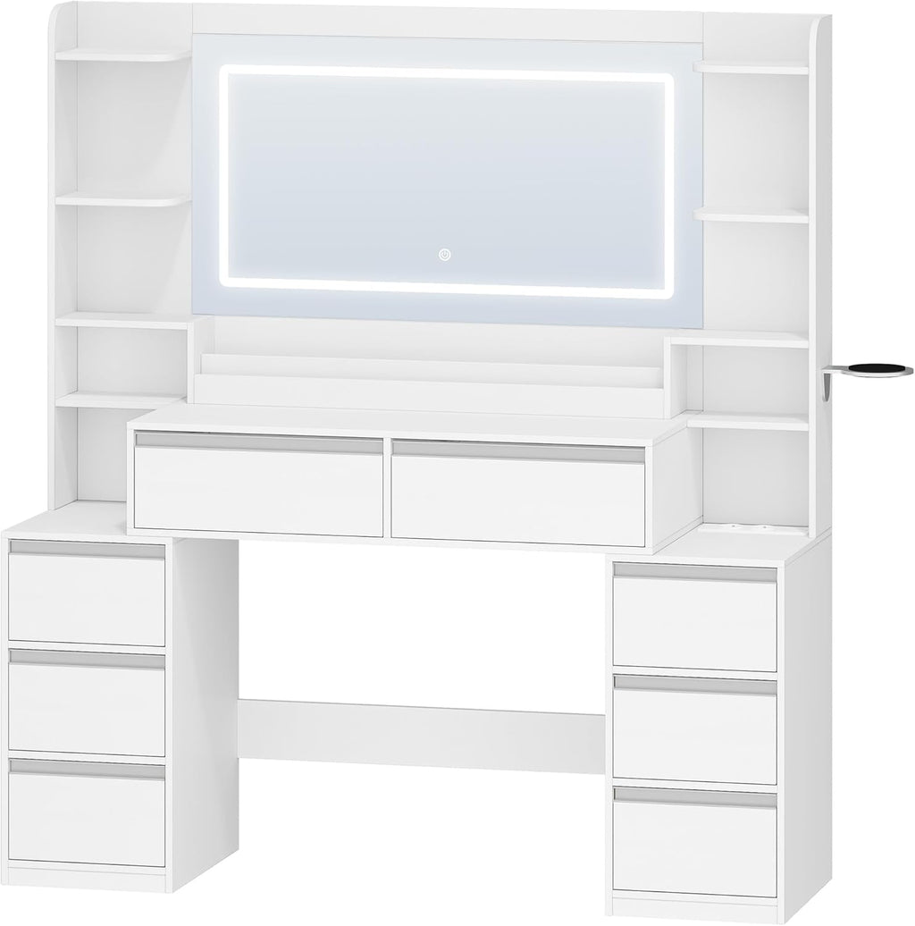 Dressing Table with Large Mirror, Dressing Table and Hair Dryer Holder, 8 Drawers, Open Compartments, 135 × 40 × 145.2 cm, Modern White/Silver Dressing Table