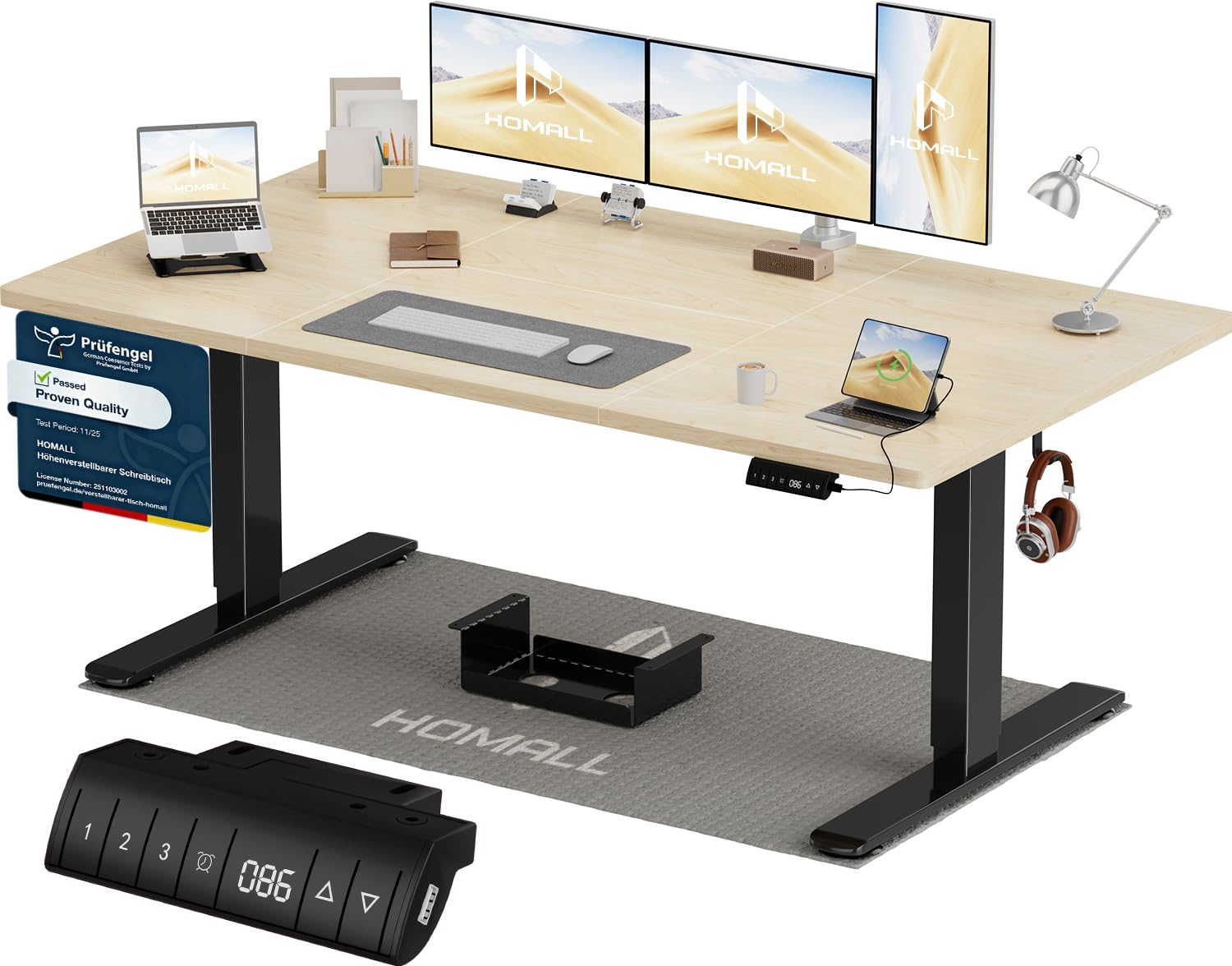 Homall Höhenverstellbarer Schreibtisch 140x70cm mit USB-A Ladeanschluss, Elektrischer Schreibtisch mit Kabel Management Tray, Standing Desk mit 3 Memory Funktion, Computertisch Beige