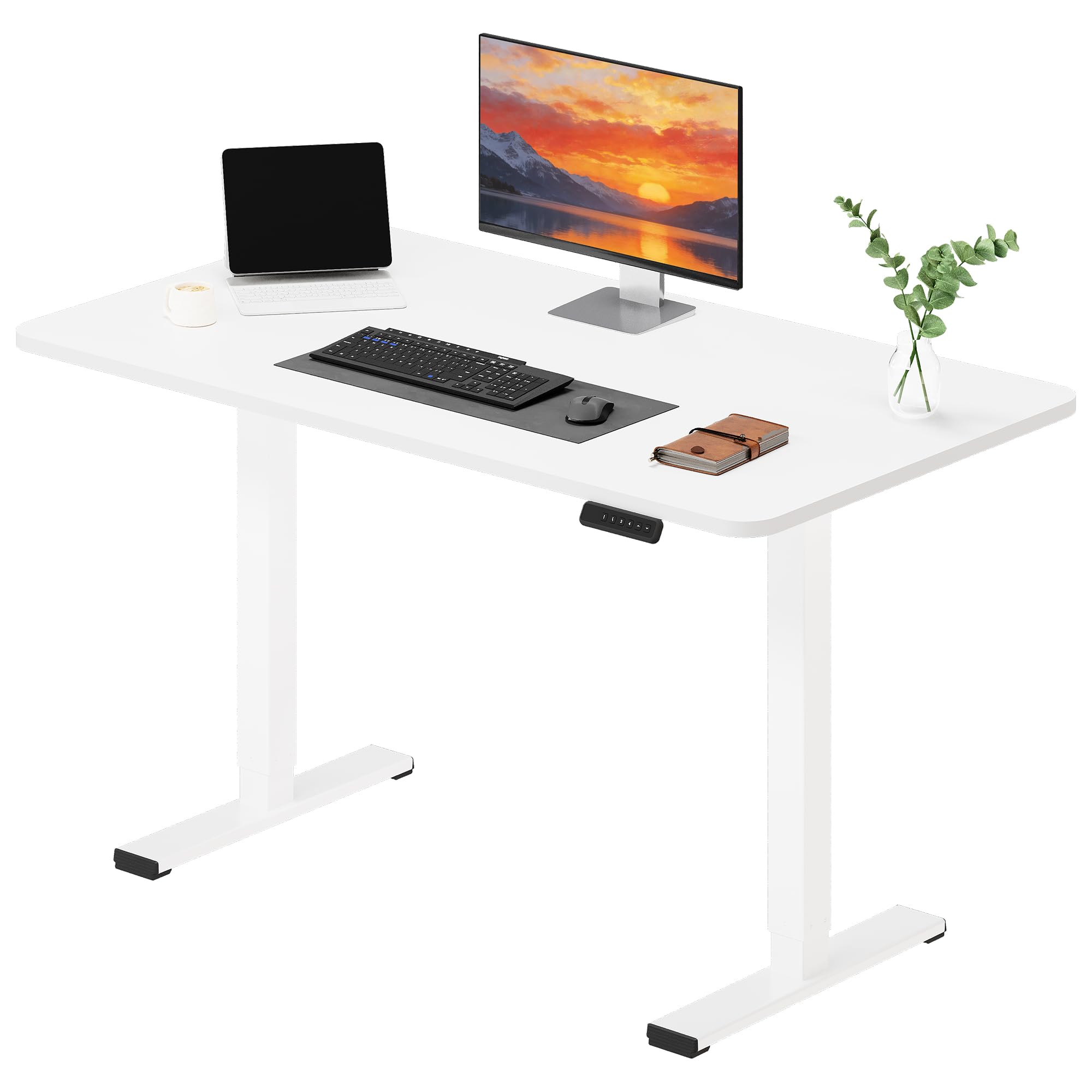 SANODESK Höhenverstellbarer Schreibtisch 110×54 cm – Kompakter Standing Desk mit praktischem Zubehör, ideal für kleine Räume, leise & sicher mit Anti-Kollisions-Schutz(Weiß)