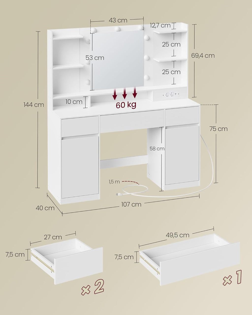 VASAGLE Kailyn Collection RDT142WB02 Dressing Table with Mirror and LED Lights, Power Strip, 2 Cabinets, 9 Dimmable Bulbs, 3 Light Colours, Tool-Free Slide Rails, Cloud White
