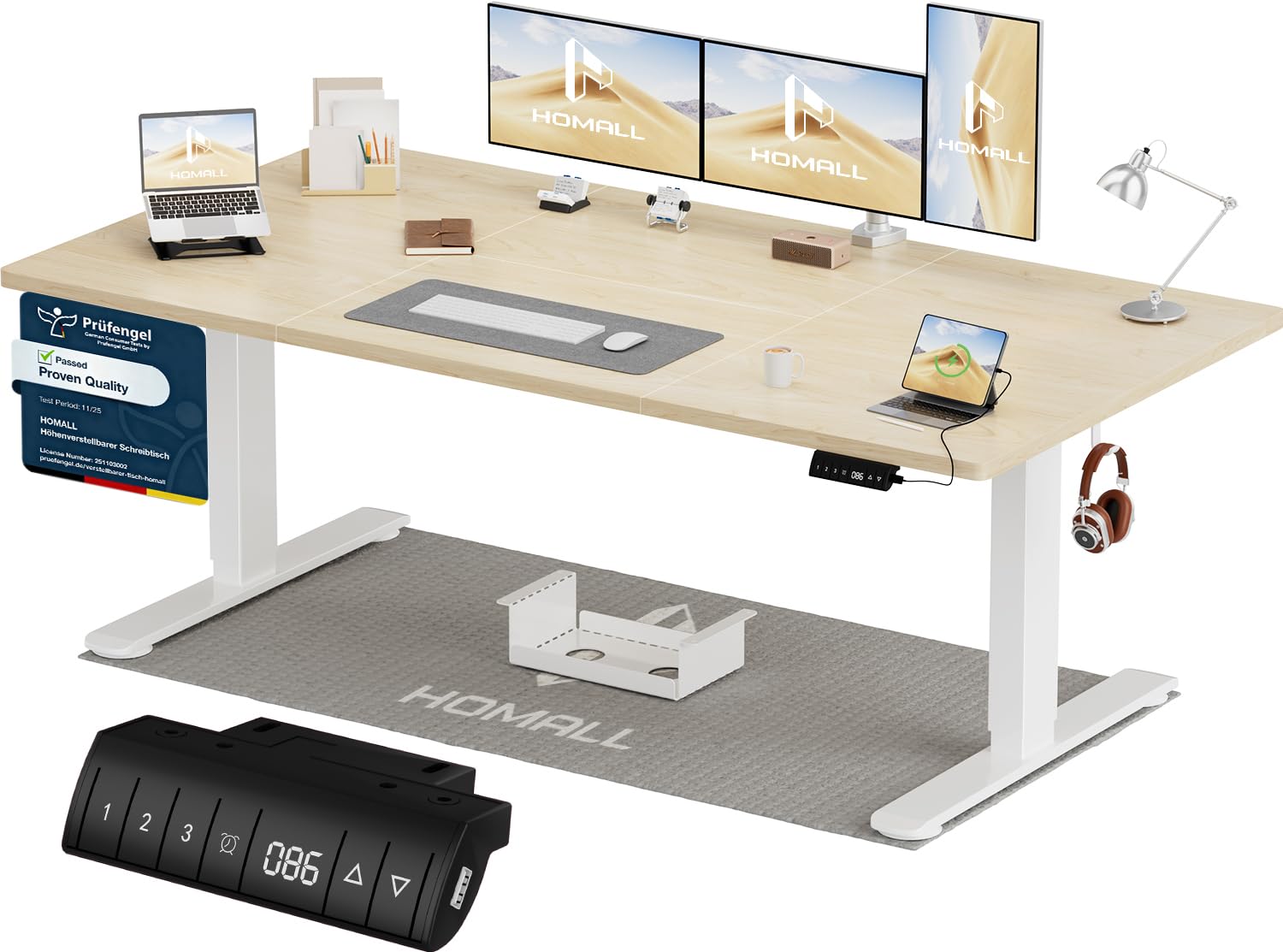 Homall Höhenverstellbarer Schreibtisch 140x70cm mit USB-A Ladeanschluss, Elektrischer Schreibtisch mit Kabel Management Tray, Standing Desk mit 3 Memory Funktion, Computertisch Beige