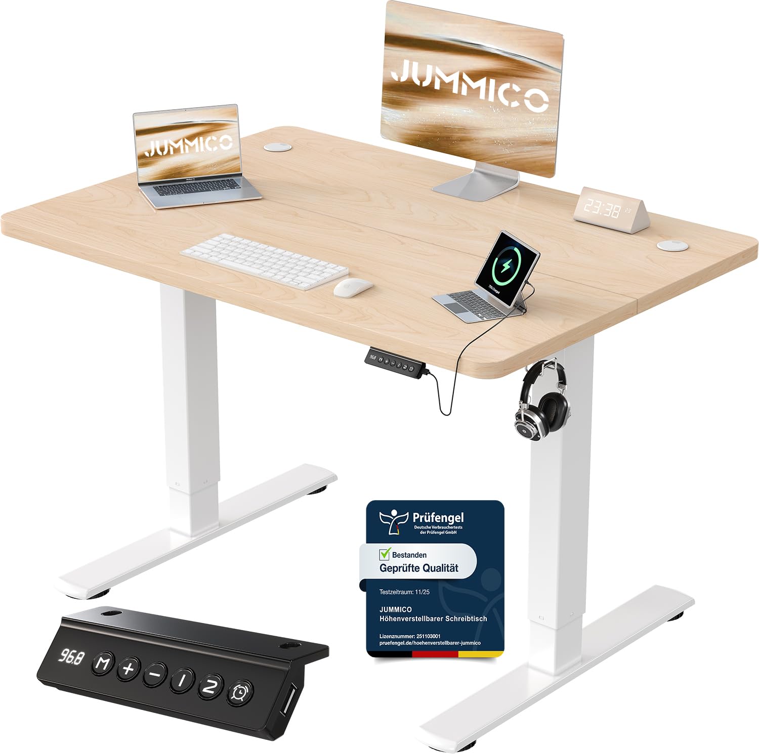 JUMMICO Höhenverstellbarer Schreibtisch mit USB-Ladeanschluss 120 x 60 cm, Schreibtisch Höhenverstellbar Elektrisch, Steh-Sitz Tisch Stehpult Verstellbarer Computertisch,Standing Desk,Weiß