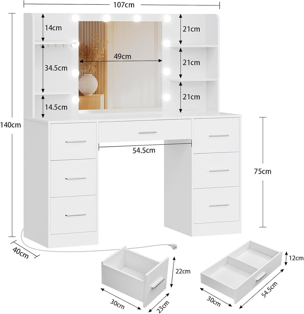 TEENFON Large Dressing Table with Adjustable LED Lighting and Sockets, Dressing Table with Mirror, 7 Drawers, 4 Open Shelves and 5 Jewellery Hooks for Bedroom, White