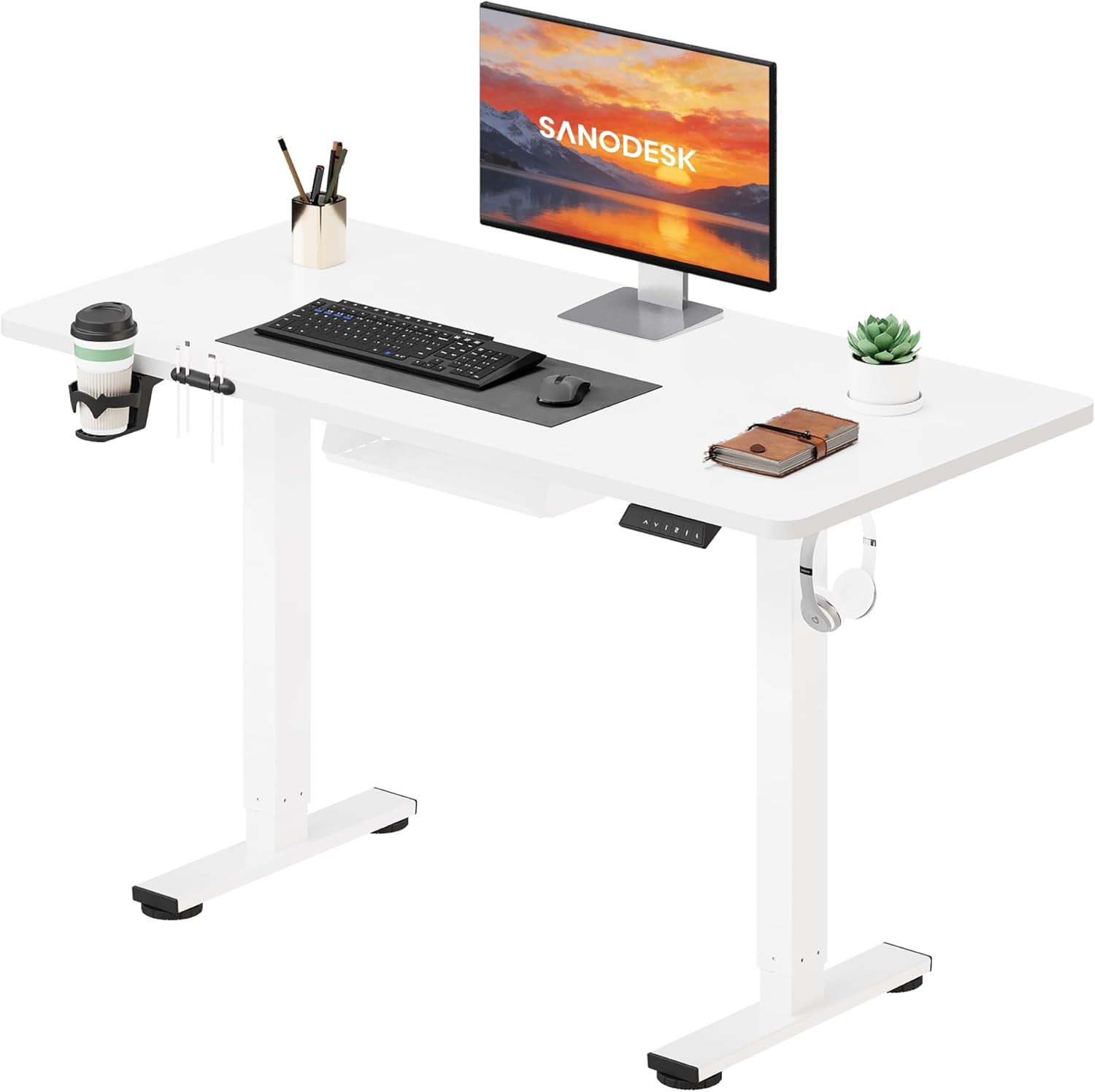 SANODESK Höhenverstellbarer Schreibtisch 110×54 cm – Kompakter Standing Desk mit praktischem Zubehör, ideal für kleine Räume, leise & sicher mit Anti-Kollisions-Schutz(Weiß)