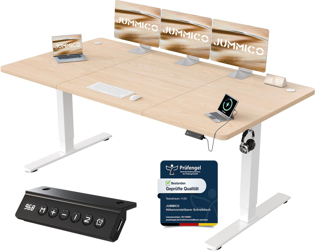 JUMMICO Höhenverstellbarer Schreibtisch mit USB-Ladeanschluss 120 x 60 cm, Schreibtisch Höhenverstellbar Elektrisch, Steh-Sitz Tisch Stehpult Verstellbarer Computertisch,Standing Desk,Weiß