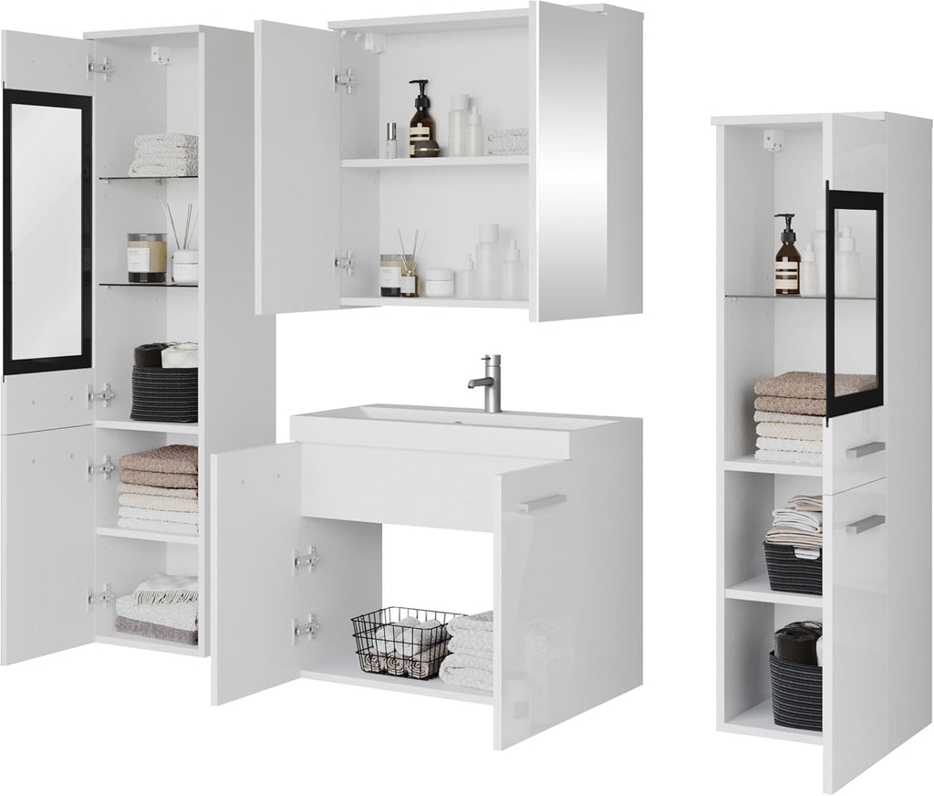 Mirjan24 Badmöbel Set Madrit II mit Waschbecken und Siphon, Komplettprogramme für Spiegelschrank, Waschtisch, Hochschrank (Kastanien Breslau/Grau Hochglanz, ohne Beleuchtung)