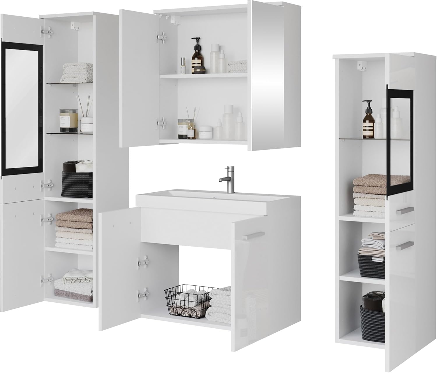 Mirjan24 Badmöbel Set Madrit II mit Waschbecken und Siphon, Komplettprogramme für Spiegelschrank, Waschtisch, Hochschrank (Kastanien Breslau/Grau Hochglanz, ohne Beleuchtung)