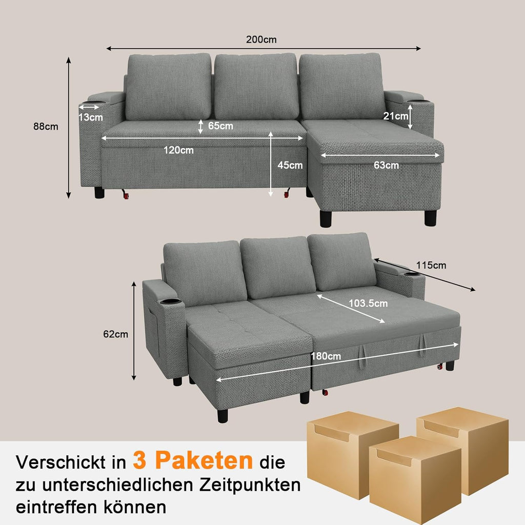 Devoko Ecksofa mit Schlaffunktion, Schlafsofa Ausziehbar L-Form mit Stauraum & Bettkasten, Schlafcouch für Wohnzimmer und Schlafzimmer, Hellgrau
