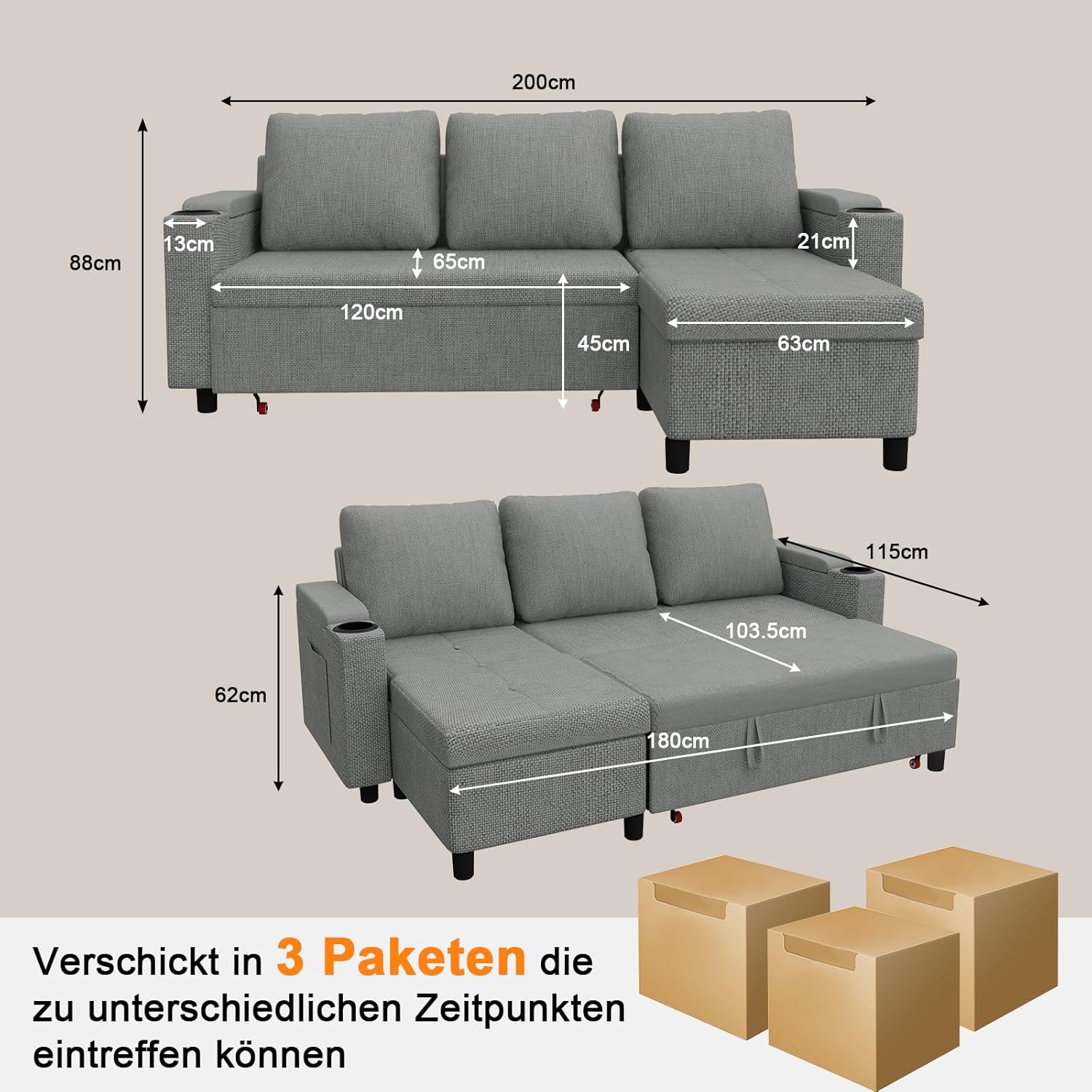 Devoko Ecksofa mit Schlaffunktion, Schlafsofa Ausziehbar L-Form mit Stauraum & Bettkasten, Schlafcouch für Wohnzimmer und Schlafzimmer, Hellgrau
