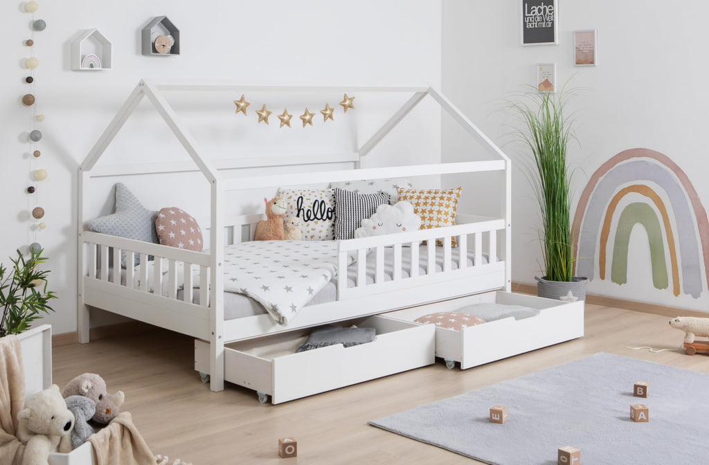 TiCAA Kinderbett Hausbett Montessori Kay 90x200, 100x200 cm, 120x200 cm, 140x200 für Jungen & Mädchen mit Schubladen, Rausfallschutz & Rolllattenrost - aus Kiefer Massivholz für Kinderzimmer