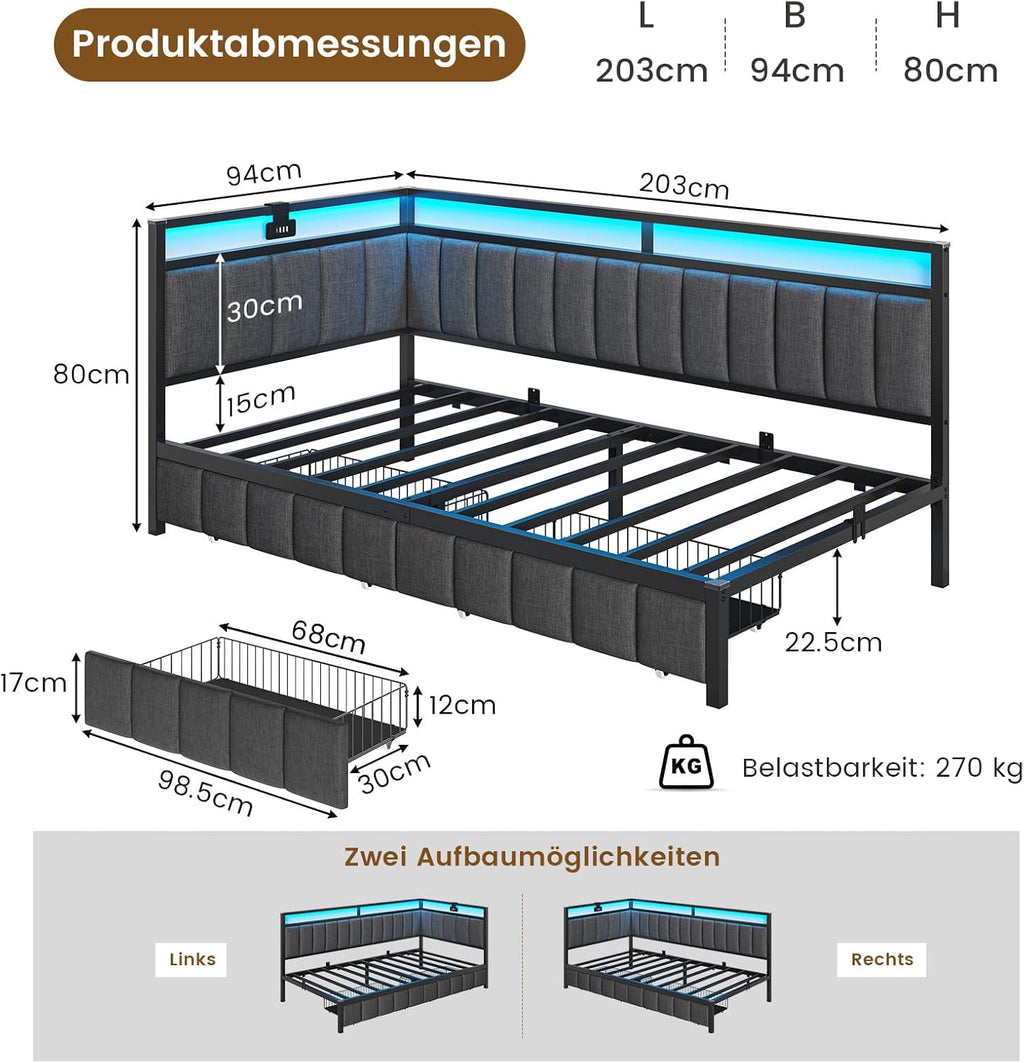 DICTAC Polsterbett Schlafsofa 90x200 mit LED-Beleuchtung und USB-Ladestation,Jugendbett Tagesbett 90x200 mit Lattenrost aus Metall und 2 Schubladen,Gästebett,Bettgestell ohne Matratze,Dunkelgrau
