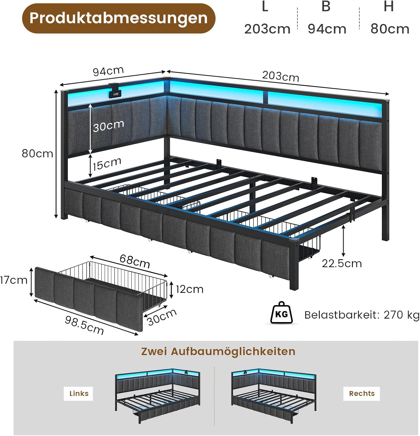 DICTAC Polsterbett Schlafsofa 90x200 mit LED-Beleuchtung und USB-Ladestation,Jugendbett Tagesbett 90x200 mit Lattenrost aus Metall und 2 Schubladen,Gästebett,Bettgestell ohne Matratze,Dunkelgrau