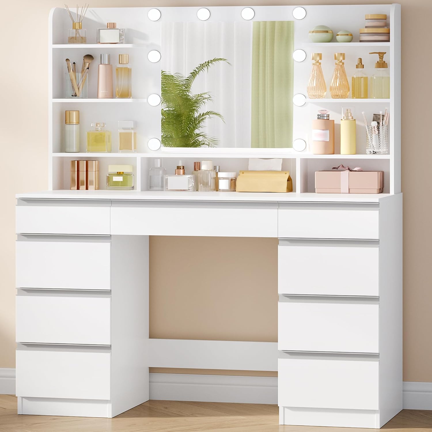 Hzuaneri Large Dressing Table with LED Lighting, 10 LED Light Balls, 3 Colours, Adjustable Brightness, Dressing Table with Mirror, 9 Drawers, 9 Open Shelves, Modern Style, White/Silver DT35703WV1