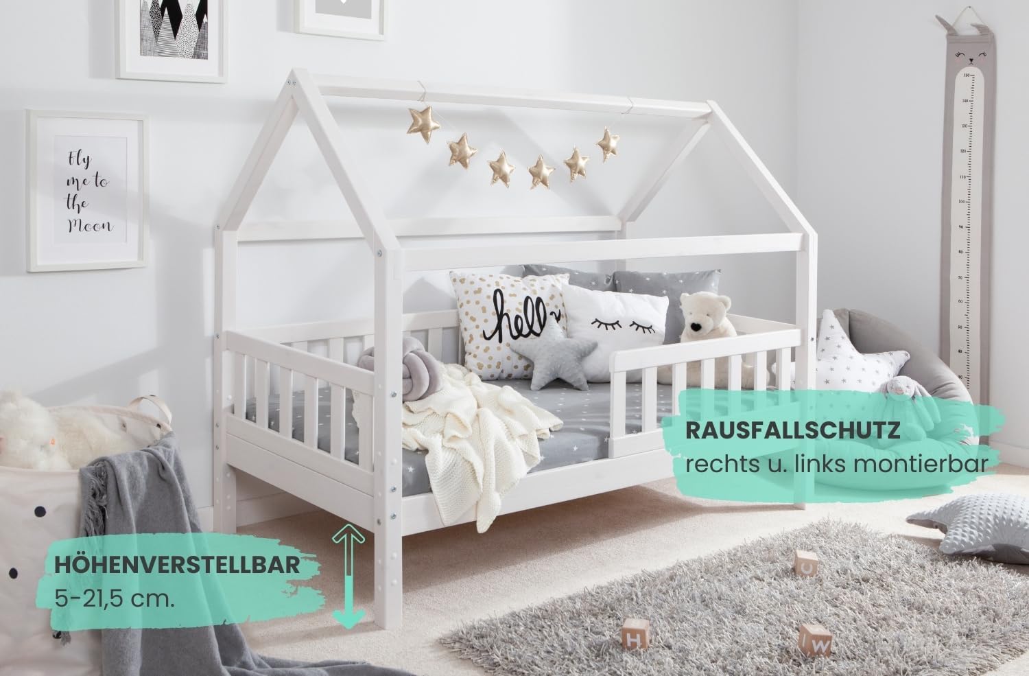 TiCAA Kinderbett Hausbett Kay 90x200 cm, 100x200 cm, 120x200 cm, 140x200 für Jungen & Mädchen, inkl. Rolllattenrost, Rausfallschutz variabel, Montessori Bett weiß aus Kiefer Massivholz