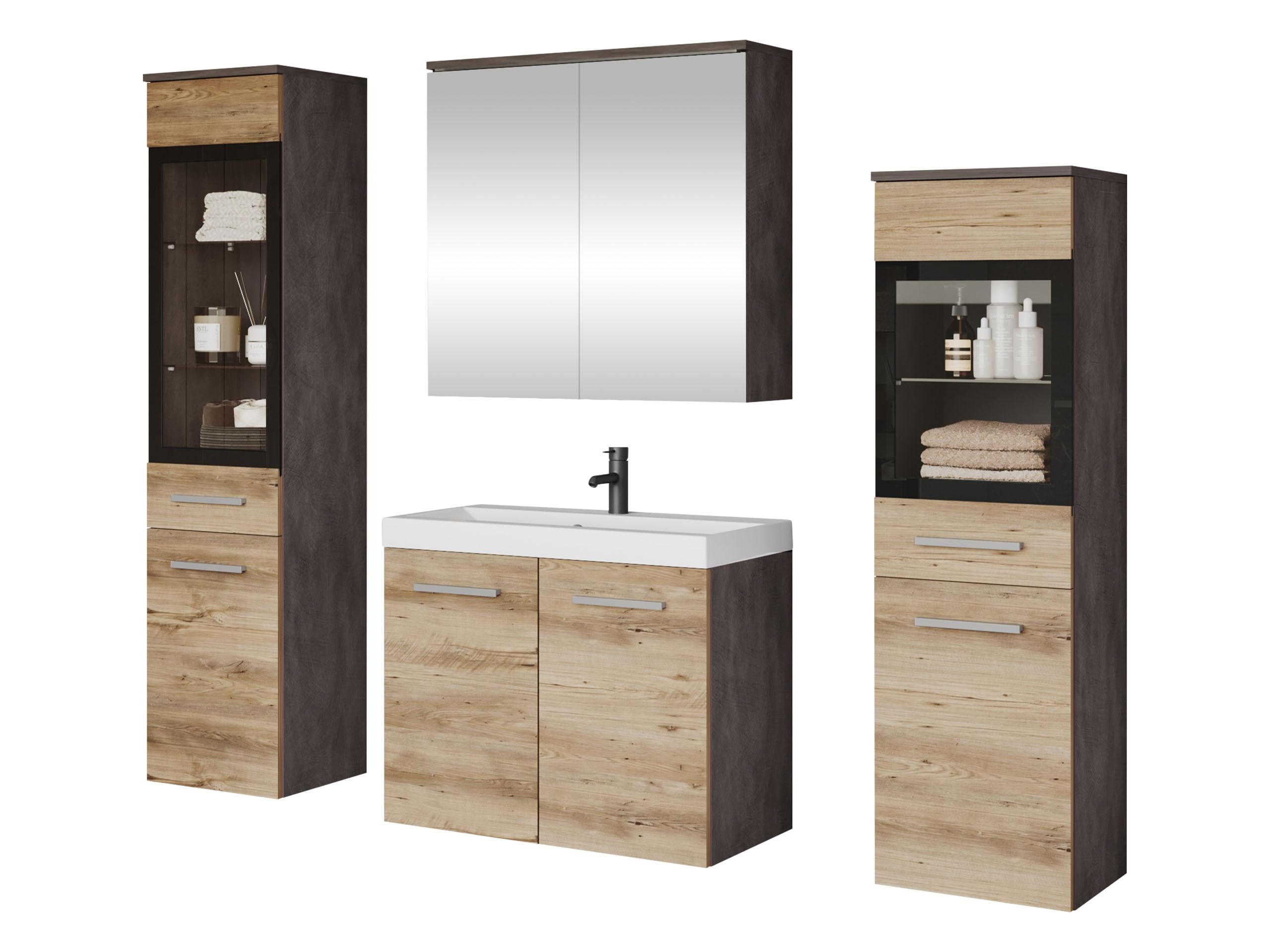 Mirjan24 Badmöbel Set Madrit II mit Waschbecken und Siphon, Komplettprogramme für Spiegelschrank, Waschtisch, Hochschrank (Kastanien Breslau/Grau Hochglanz, ohne Beleuchtung)