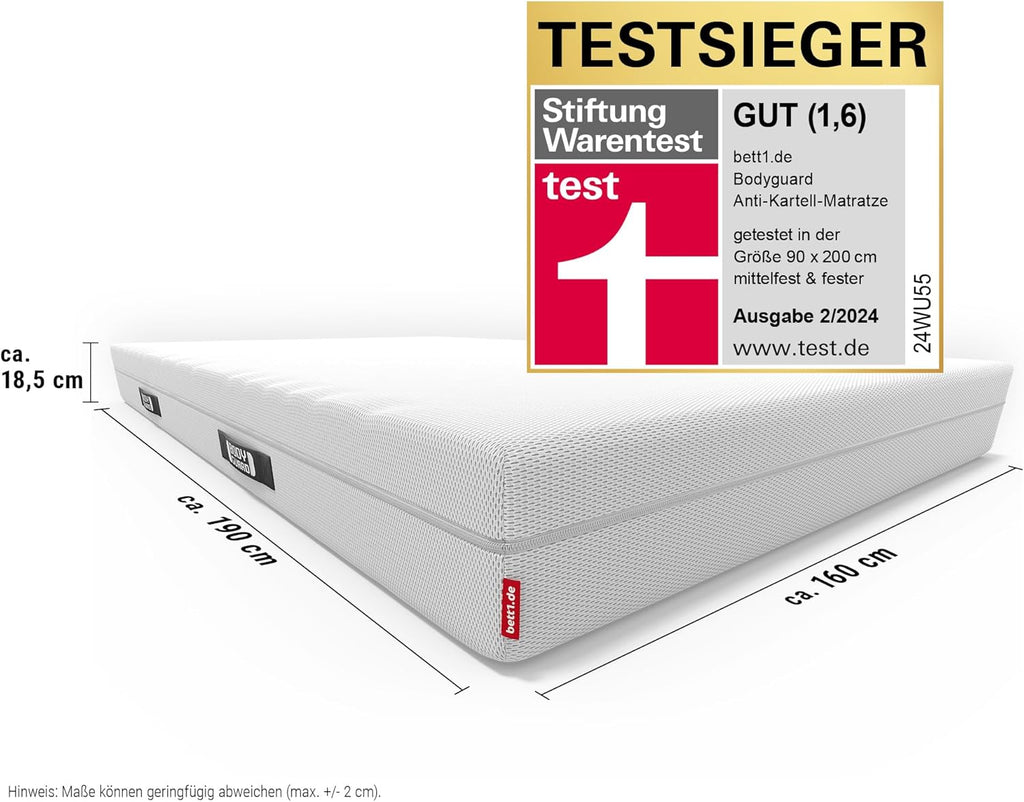 Bodyguard bett1 Anti-Kartell-Matratze 160x190. Deutschlands meistgekaufte Matratze (2in1 Liegehärten Mittelfest & Fester, Bezug 60°C waschbar, Oeko-TEX 100, Ergonomiemodule, QXSchaum)