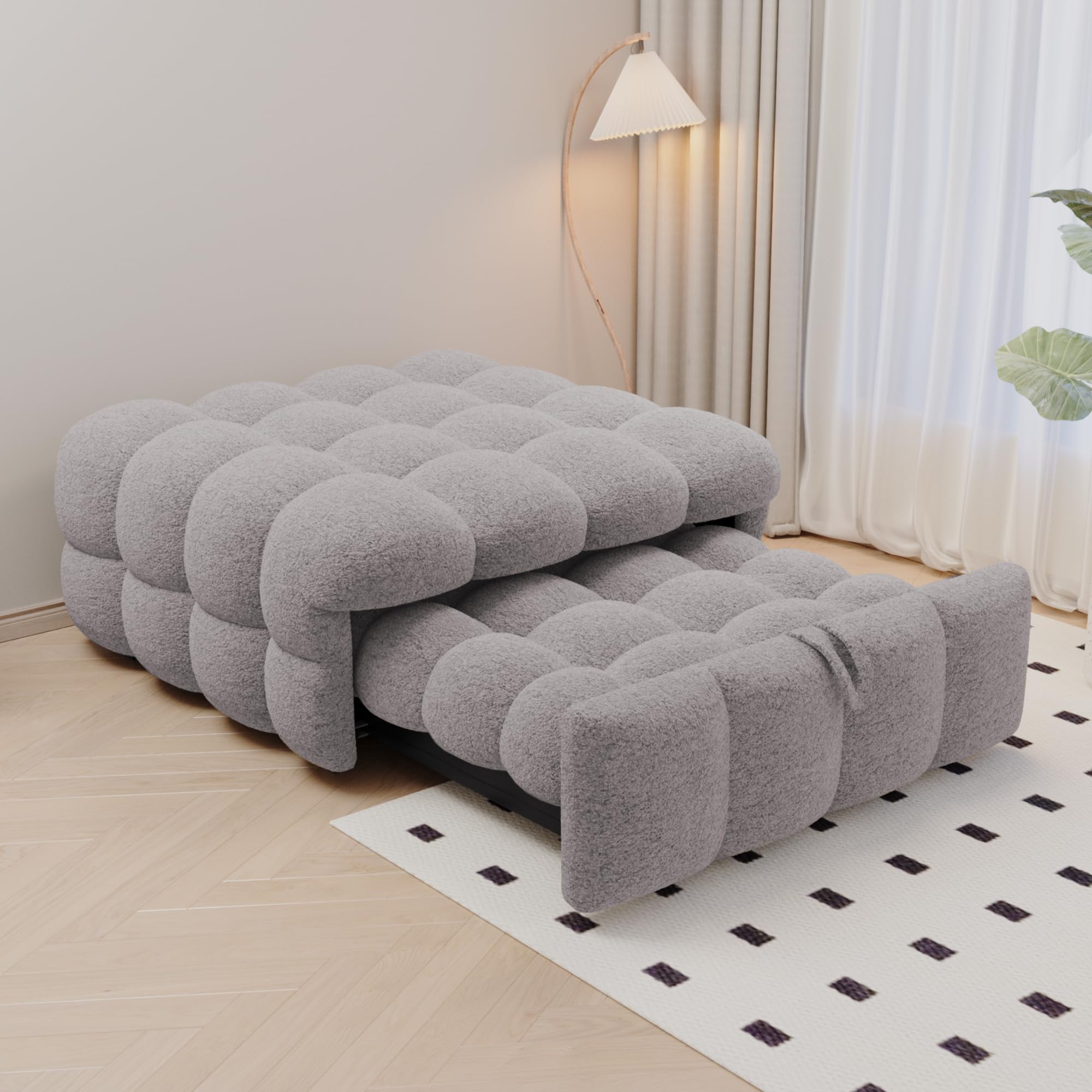 Polsterbett, 2-in-1-Fußhocker, Ausziehbares Schlafsofa, Einzelbett, Puffy-Bett,Teddy-Stoff (Beige)