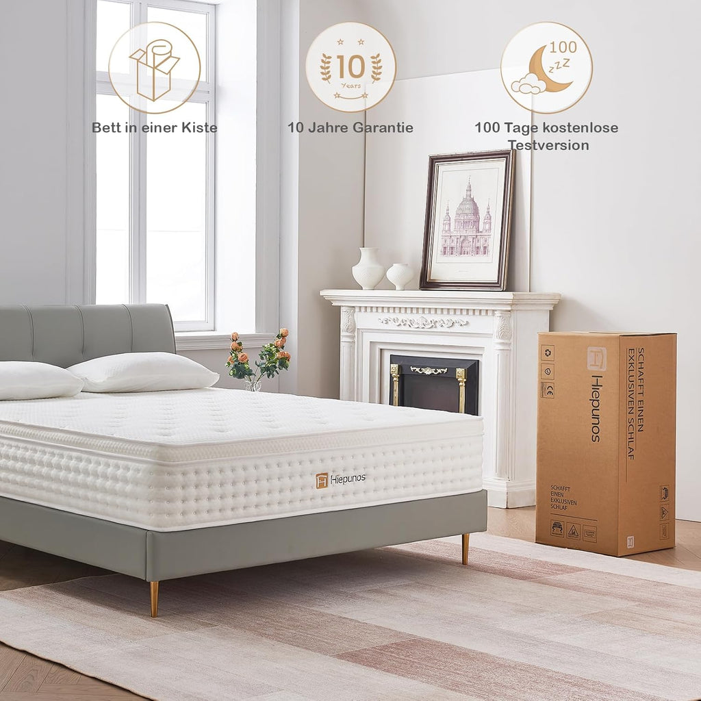 Matratze 140x200 cm 26cm Höhe 7-Zonen Federkernmatratze Orthopädische Taschenfederkernmatratze mit Comfort Memory-Schaum Schicht, Härtegrad H3, Rückenentlastende,100 Nächte Probeschlafen