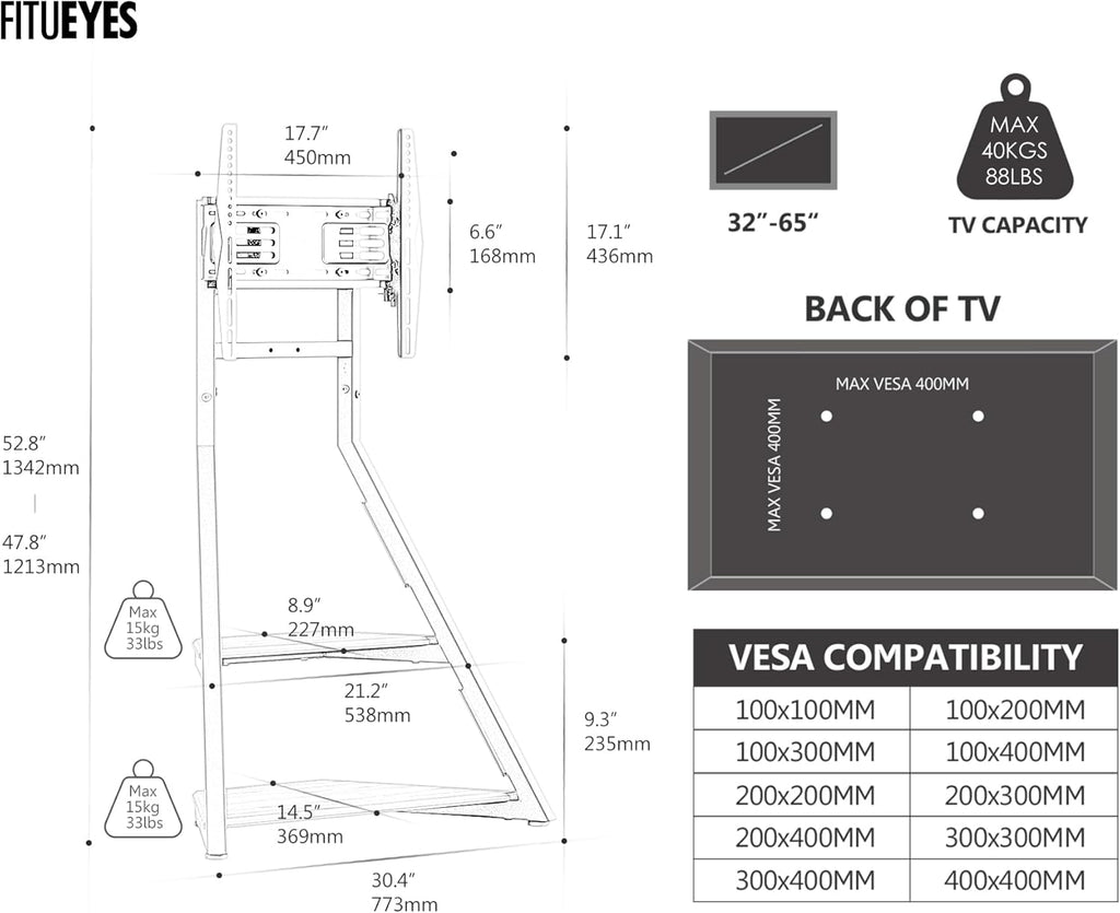 FITUEYES Design TV Ständer Rollbar, Mobiler TV Stand mit Rollen für 32 40 43 55 65 Zoll Flach & Curved Fernseher bis zu 40kg, TV Standfuss höhenverstellbar schwenkbar neigbar, Serie Eiffel