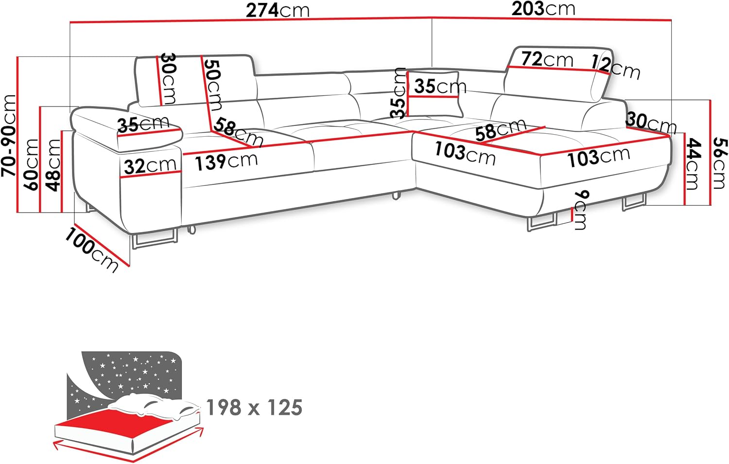 Mirjan24 Ecksofa Torezio mit Bettkasten, Einstellbare Kopfstützen, Sofa mit Schlaffunktion, Eckcouch für Wohnzimmer, Polsterecke, L-Form Couch mit Bettfunktion (Manila 18, Seite: Rechts)