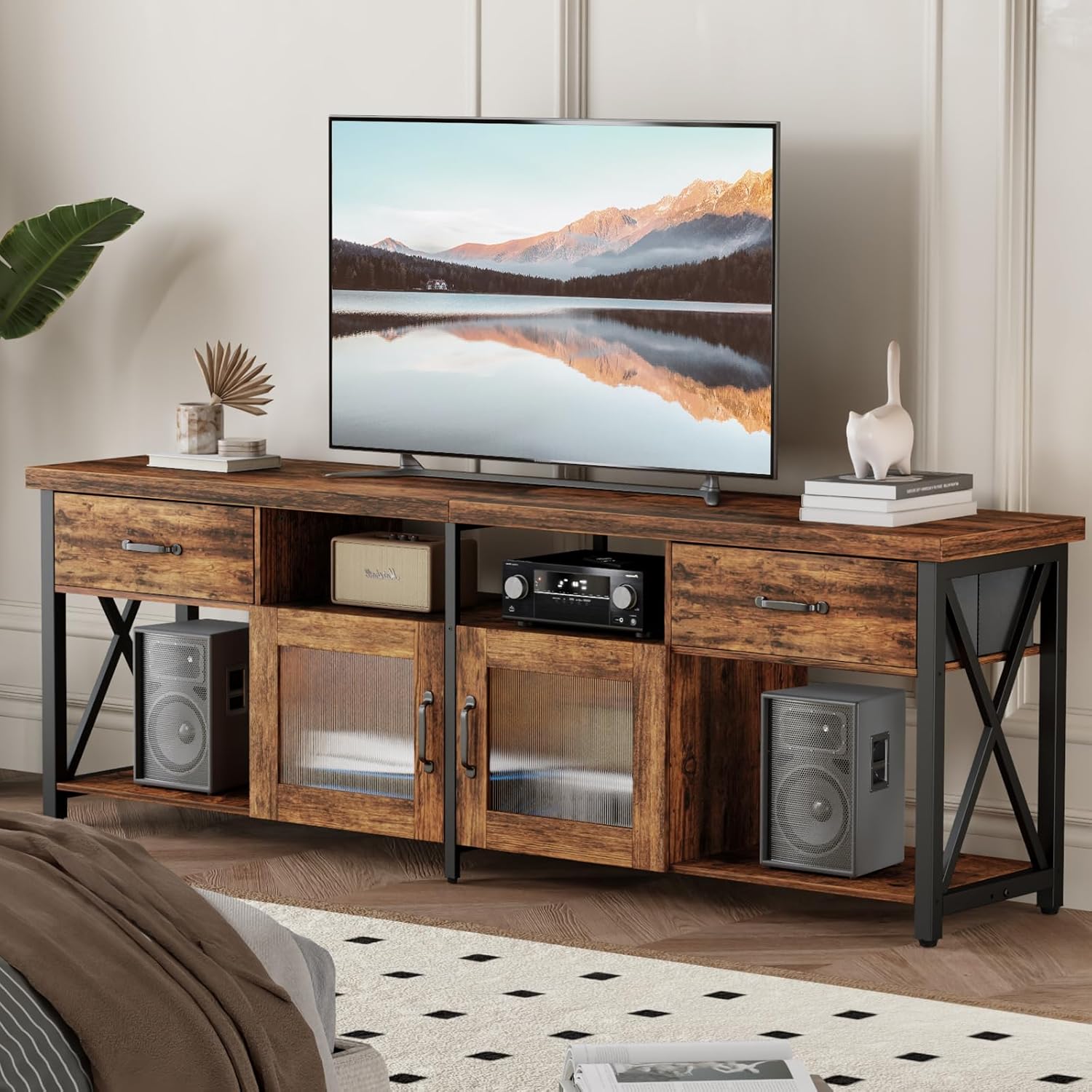 Generisch TV Cabinet, Industrial Style TV Board, 180 cm TV Stand with Two Cabinets, for 60/65/70 Inch TV, Wooden Lowboards for Living Room, Dining Room, and Bedroom