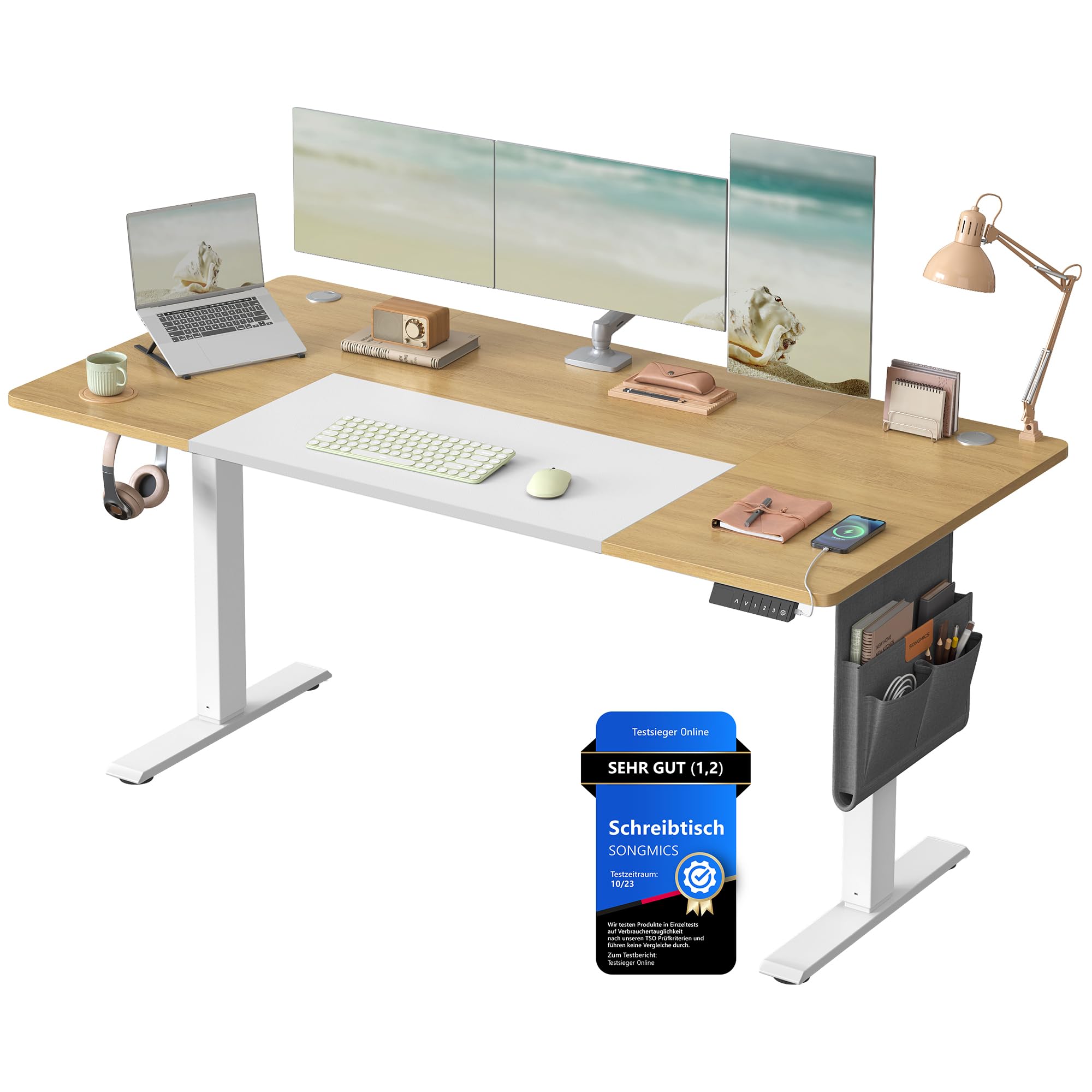 SONGMICS Höhenverstellbarer Schreibtisch elektrisch, 160 x 70 cm, stufenlos verstellbar, Memory-Funktion mit 4 Höhen, wolkenweiß LSD136W01
