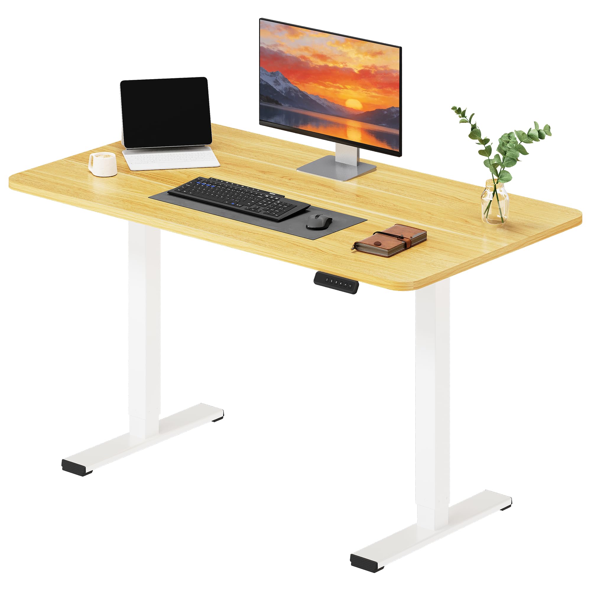 SANODESK Höhenverstellbarer Schreibtisch 110×54 cm – Kompakter Standing Desk mit praktischem Zubehör, ideal für kleine Räume, leise & sicher mit Anti-Kollisions-Schutz(Weiß)