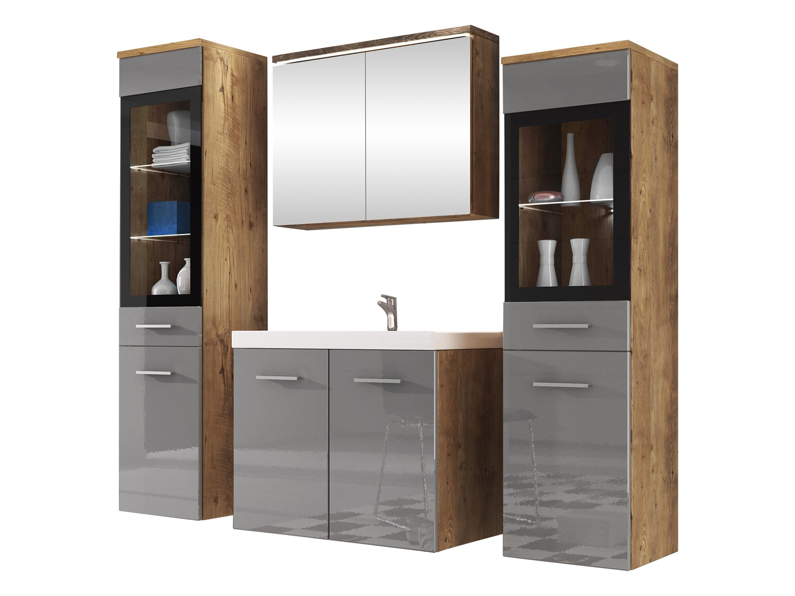 Mirjan24 Badmöbel Set Madrit II mit Waschbecken und Siphon, Komplettprogramme für Spiegelschrank, Waschtisch, Hochschrank (Kastanien Breslau/Grau Hochglanz, ohne Beleuchtung)