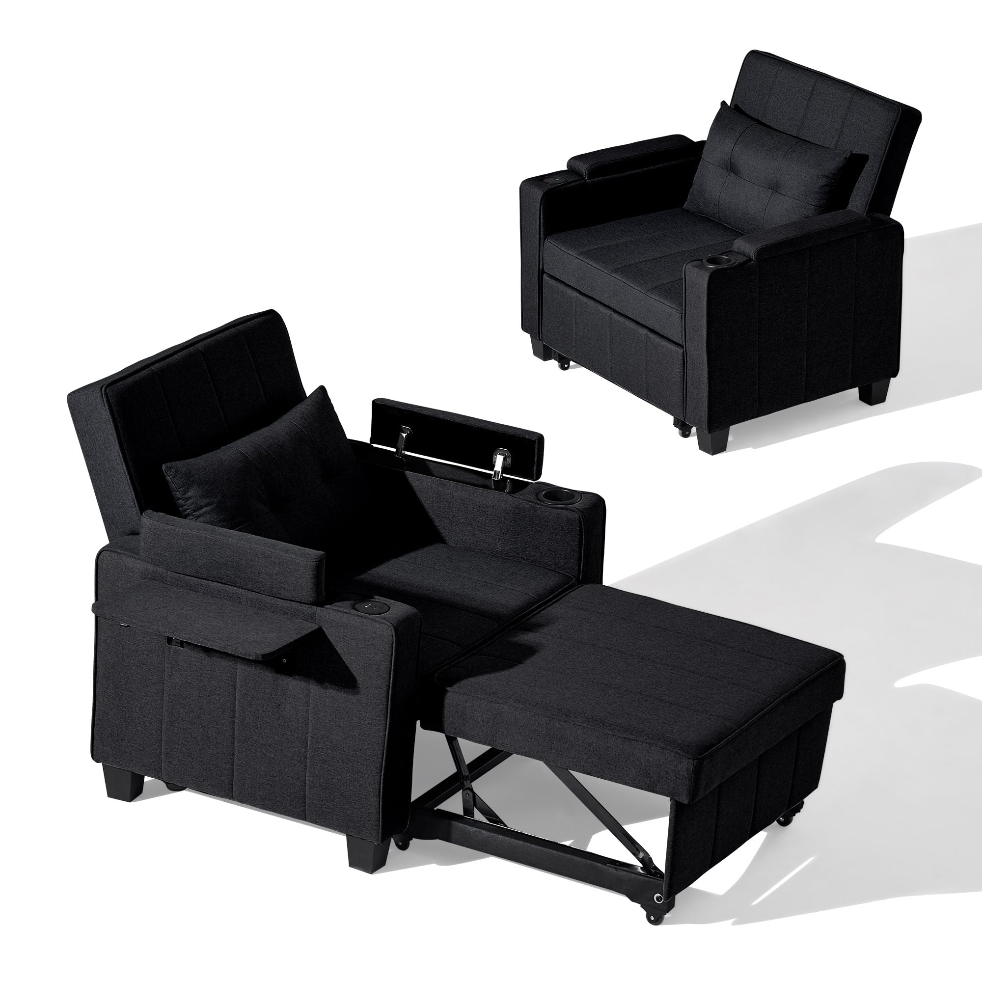 CLIPOP Schlafsofa, 3-in-1 Schlafsessel mit Bettfunktion, Ausziehbarer Sofa mit Schlaffunktion mit USB-C, 3-stufig Verstellbarer Rückenlehne (105°-160°), Stauraum & Getränkehalter (Cordsamt, Grau)