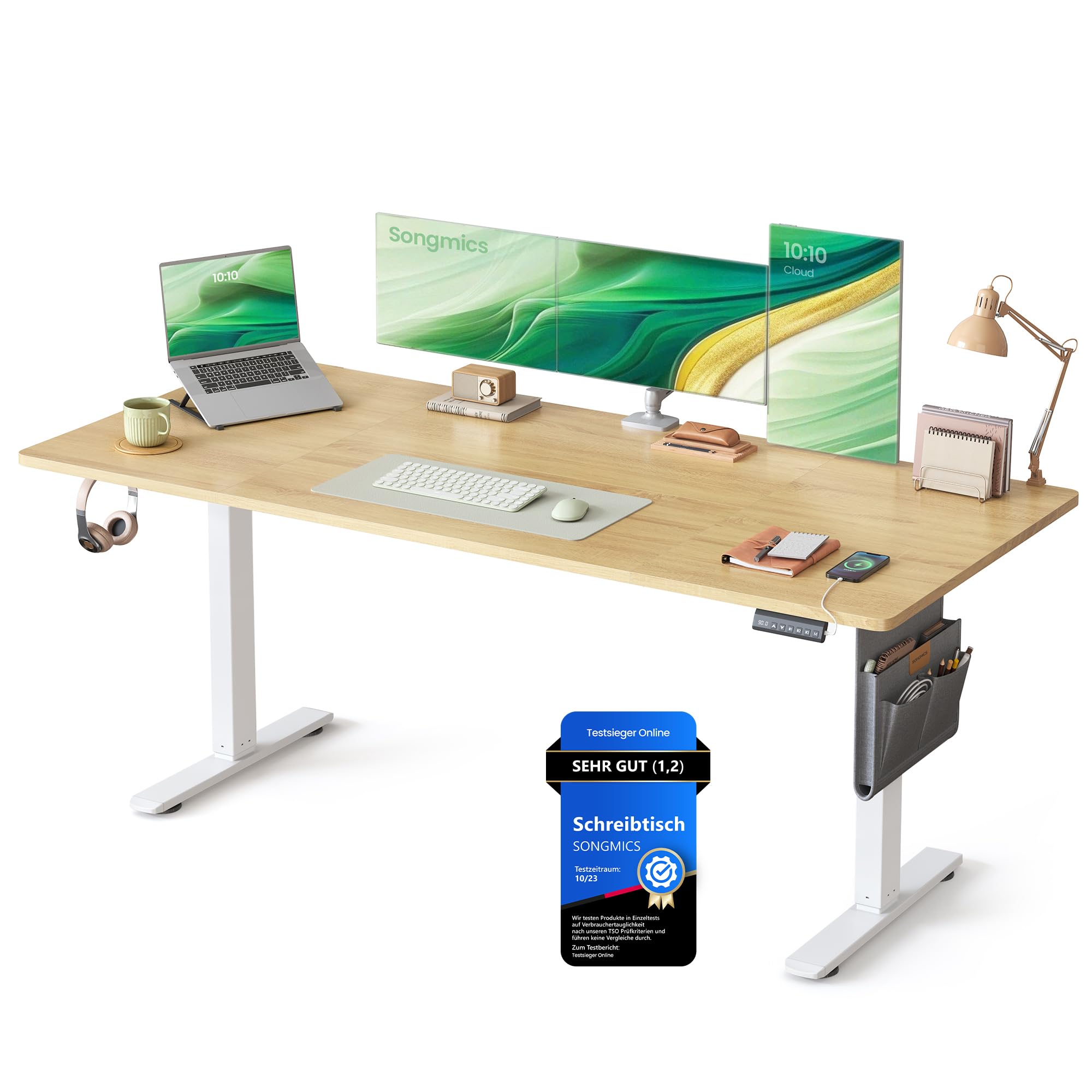 SONGMICS Höhenverstellbarer Schreibtisch elektrisch, 160 x 70 cm, stufenlos verstellbar, Memory-Funktion mit 4 Höhen, wolkenweiß LSD136W01