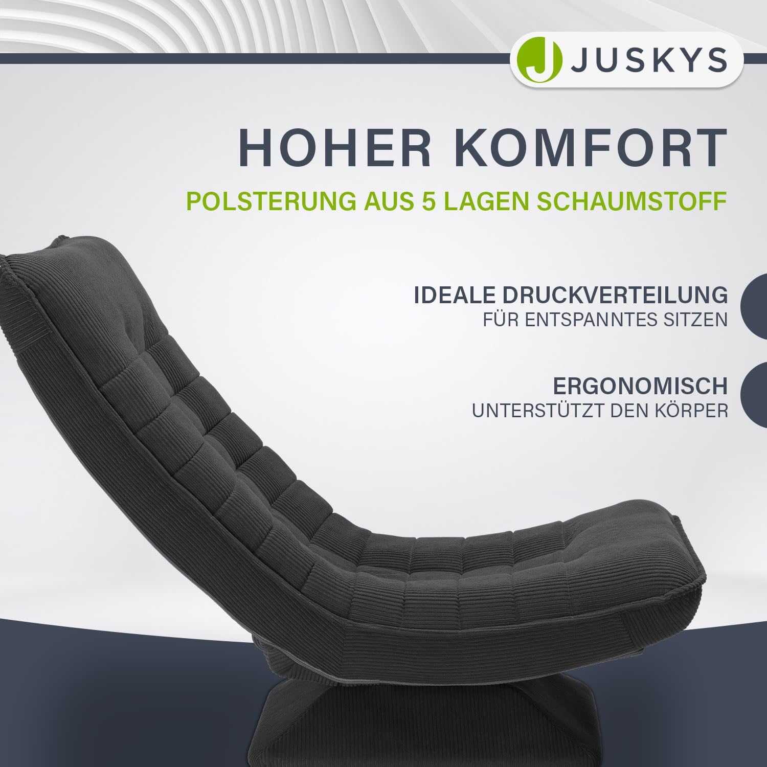Juskys Relaxsessel Korsika - Ergonomisch & 360° drehbar, klappbar mit 5-lagiger Polsterung - Gemütlicher Cord Sessel für Wohnzimmer - Grau
